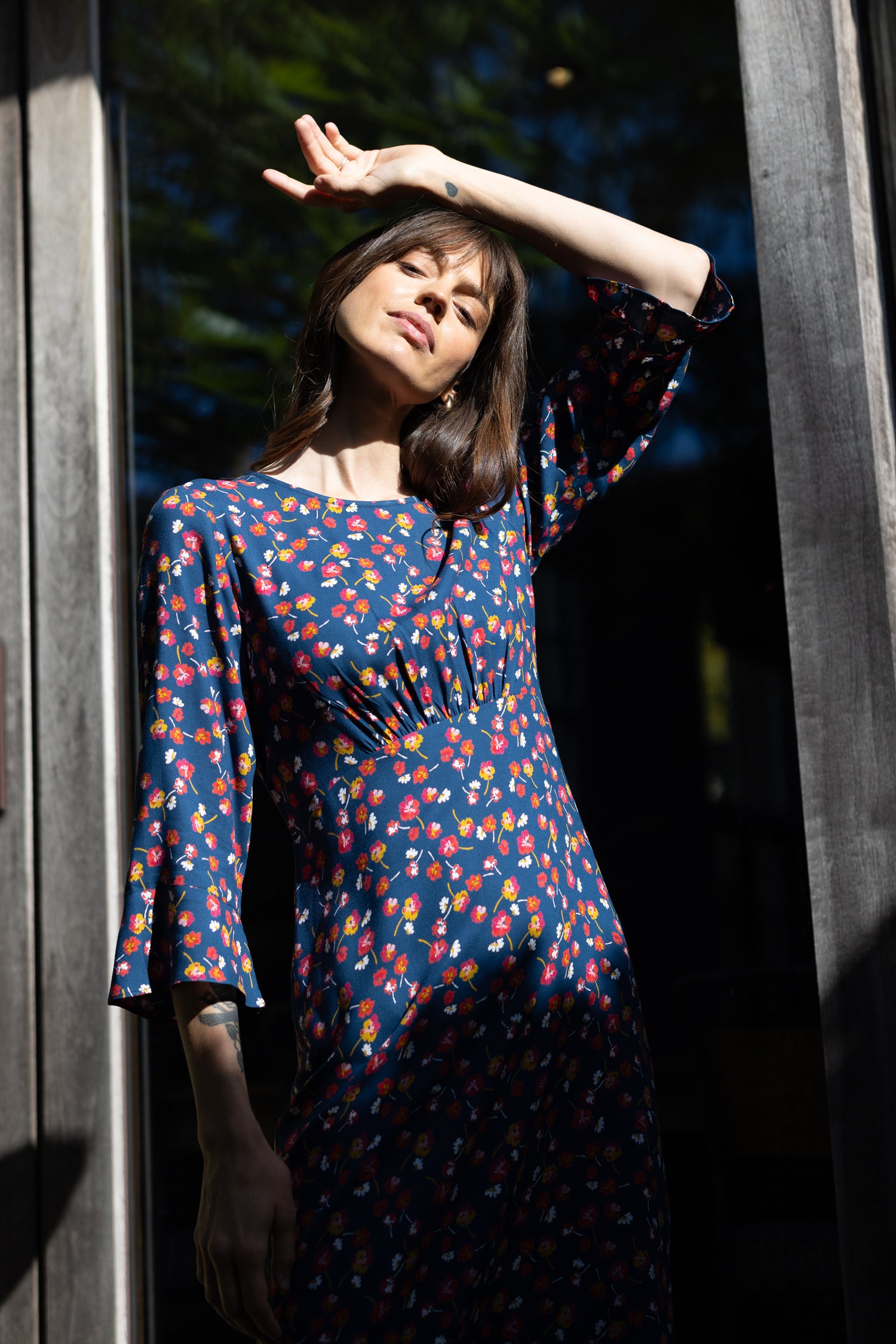 SS26 Viscose Fluted Sleeve Midi Tea Dress - Oxford