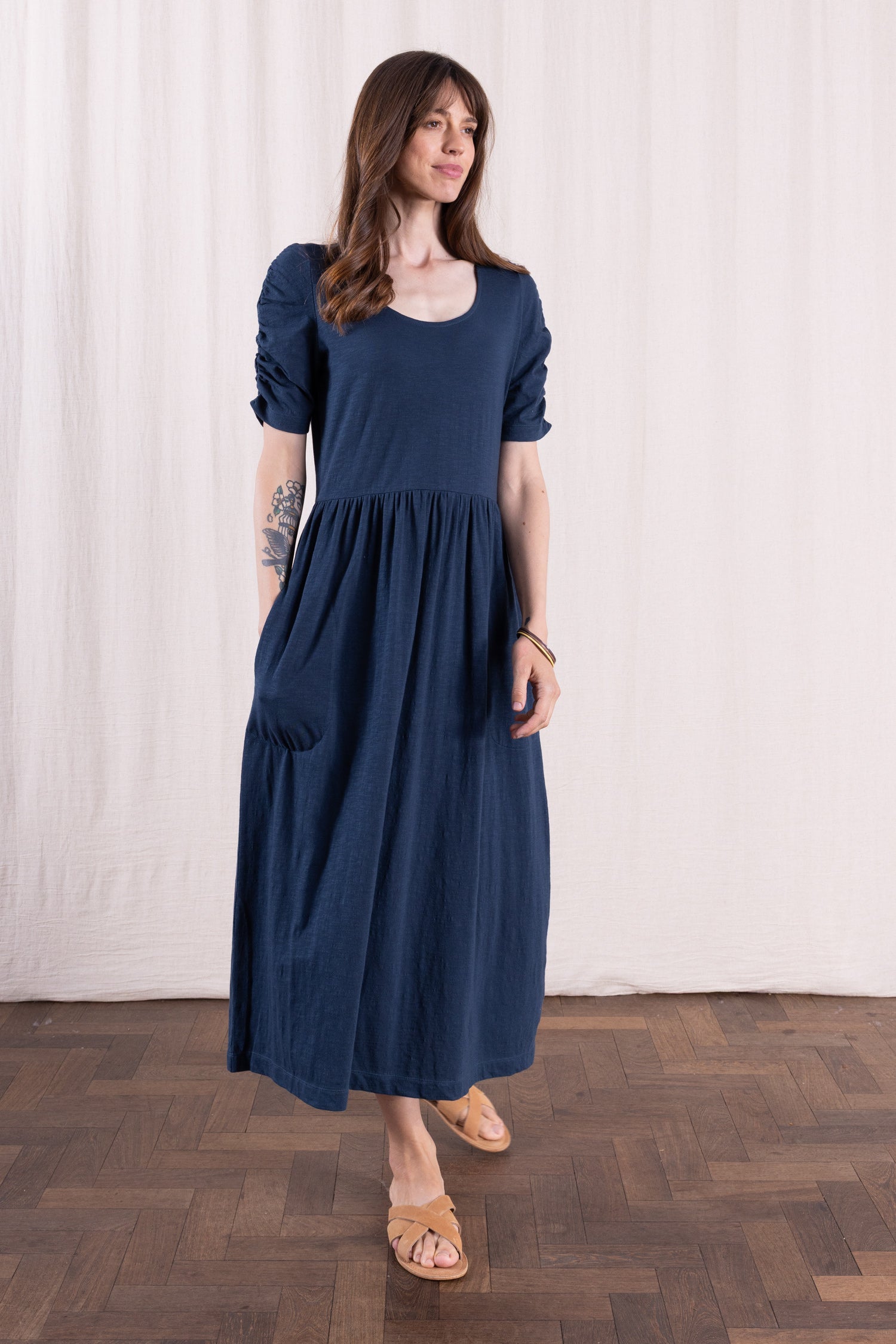 SS26 GOTS Organic Cotton Gathered Sleeve Dress - Oxford