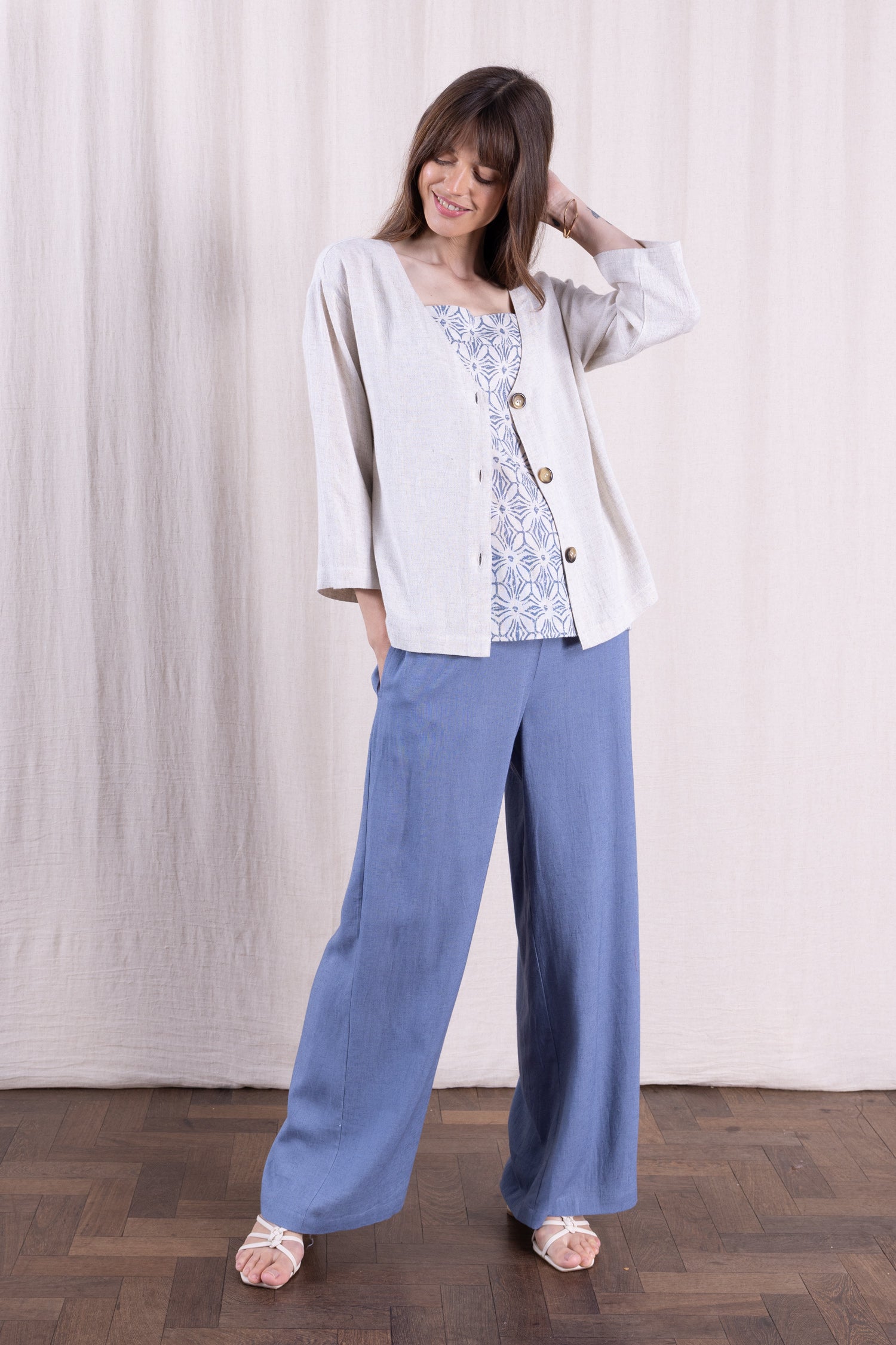 SS26 Linen Blend  Wide Leg Trouser - Cornflower