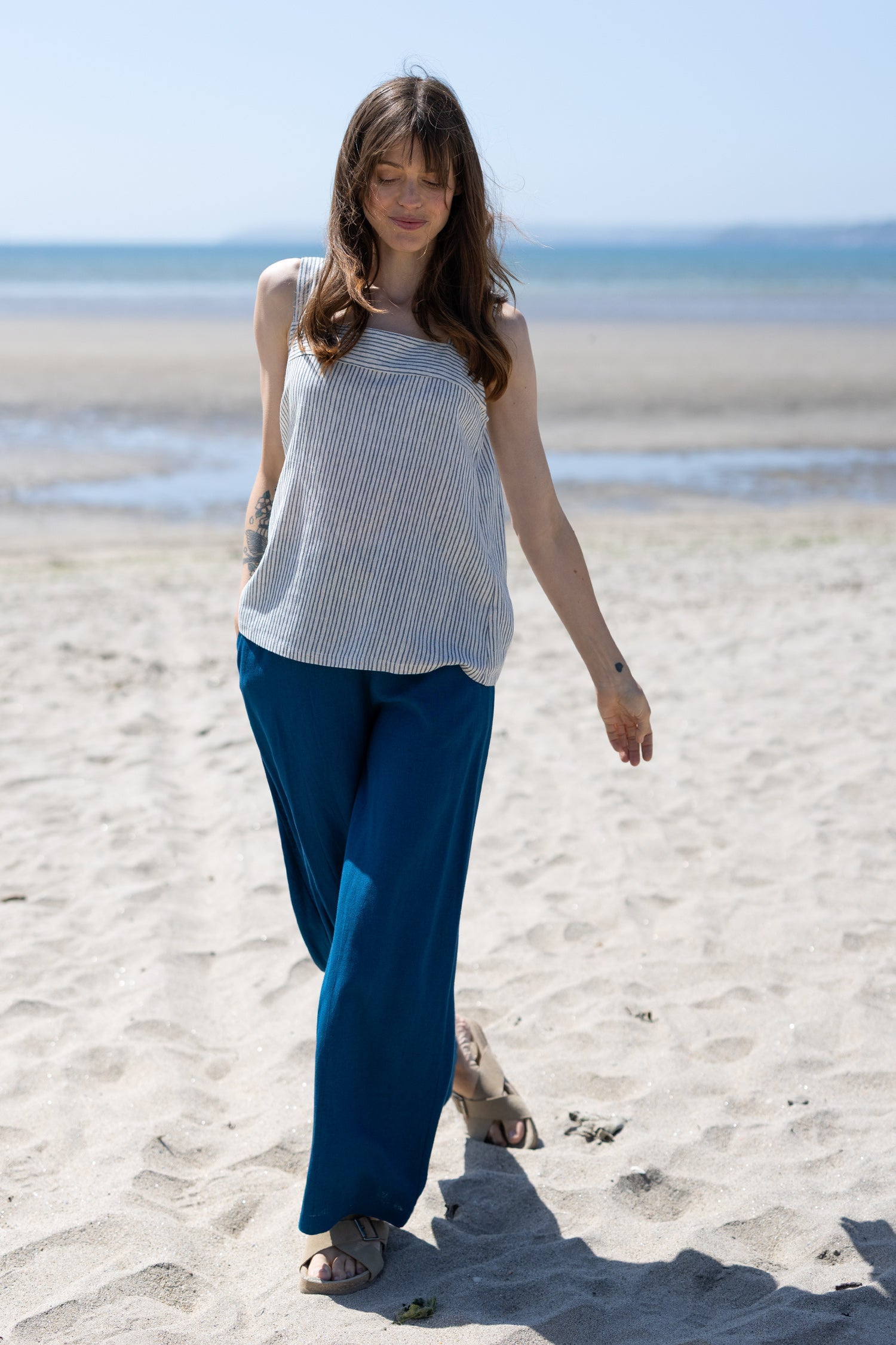 SS26 Linen Blend  Wide Leg Trouser - Neptune