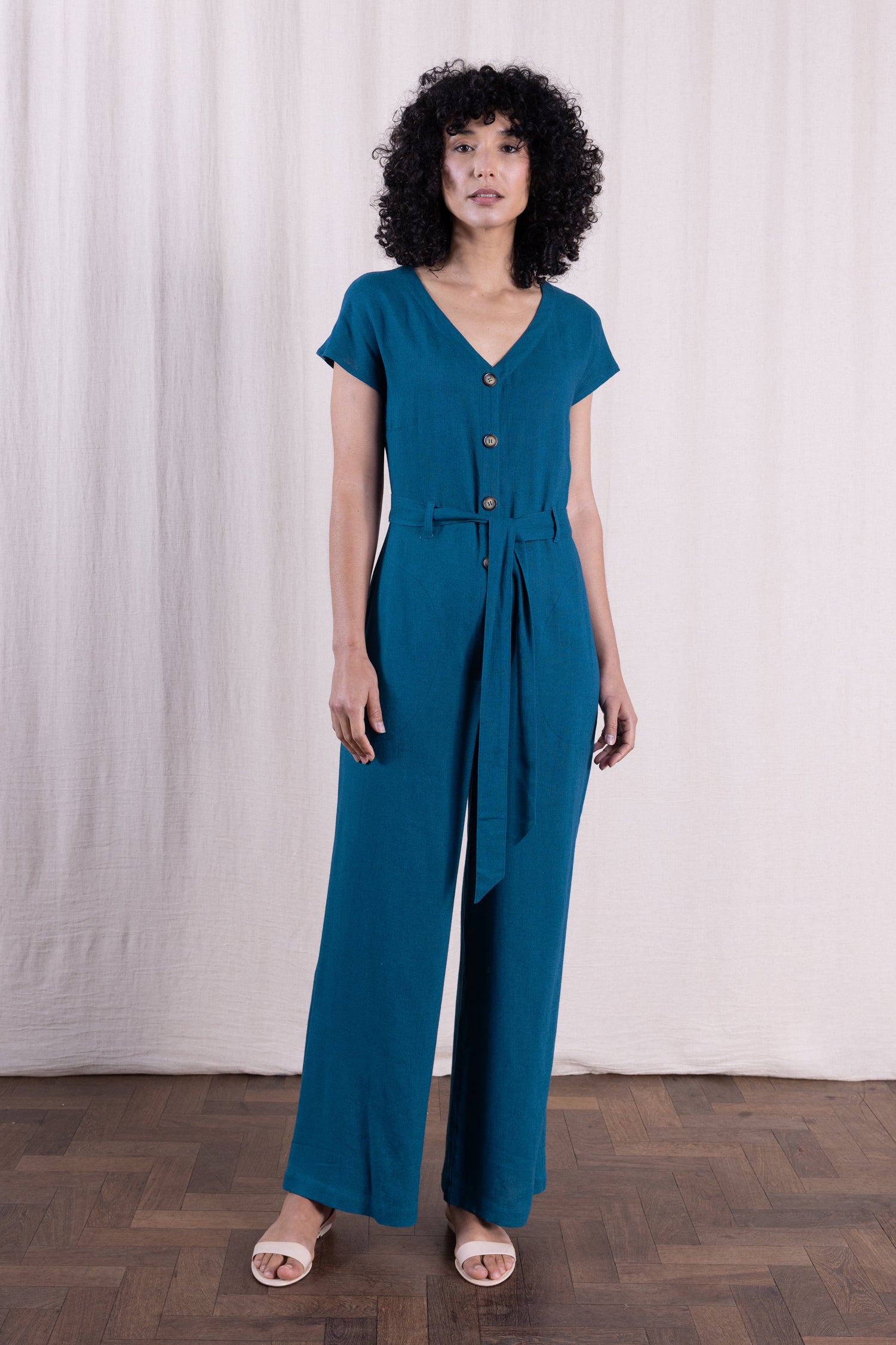 SS26 Linen Blend Button Through Jumpsuit - Neptune