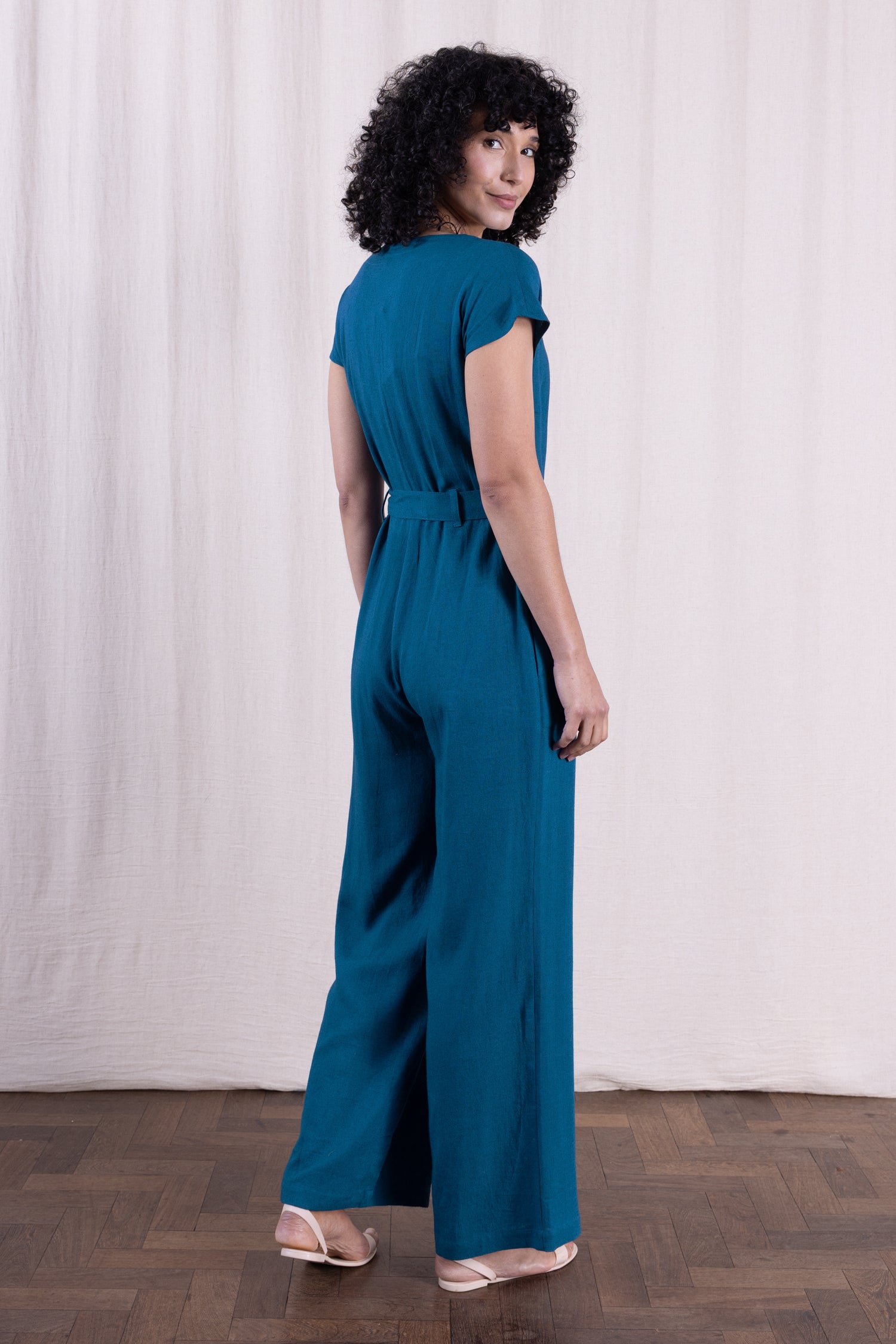 SS26 Linen Blend Button Through Jumpsuit - Neptune
