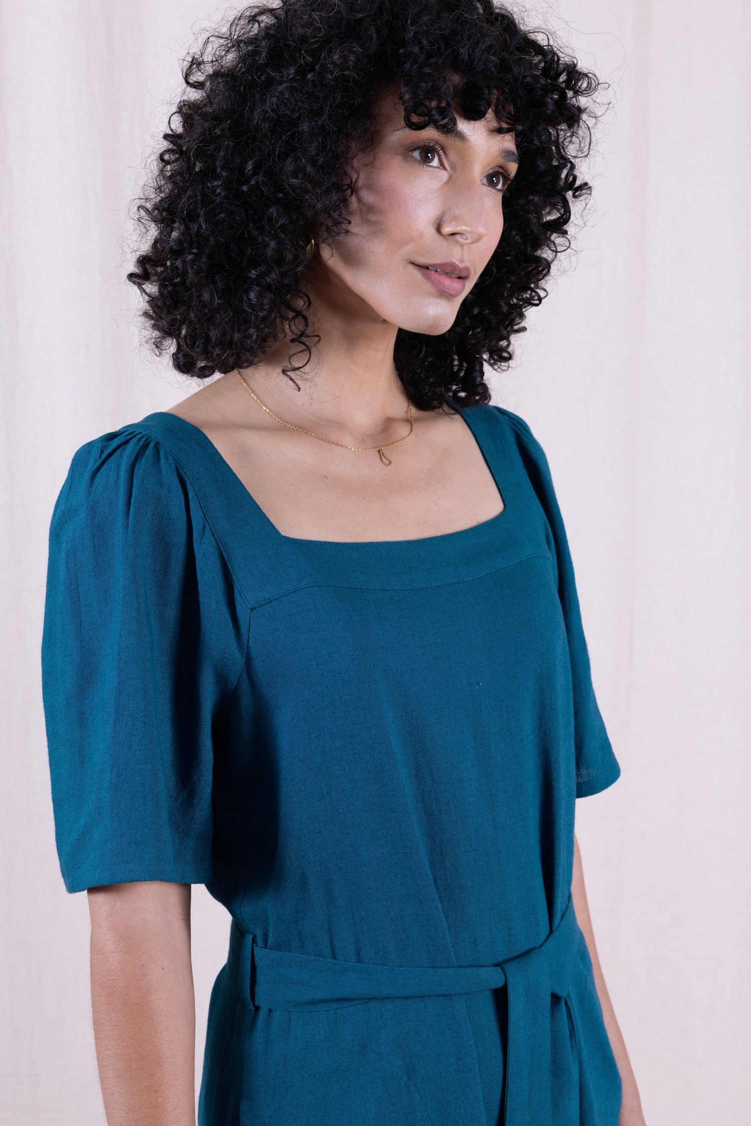 SS26 Linen Blend Square Neck Dress - Neptune