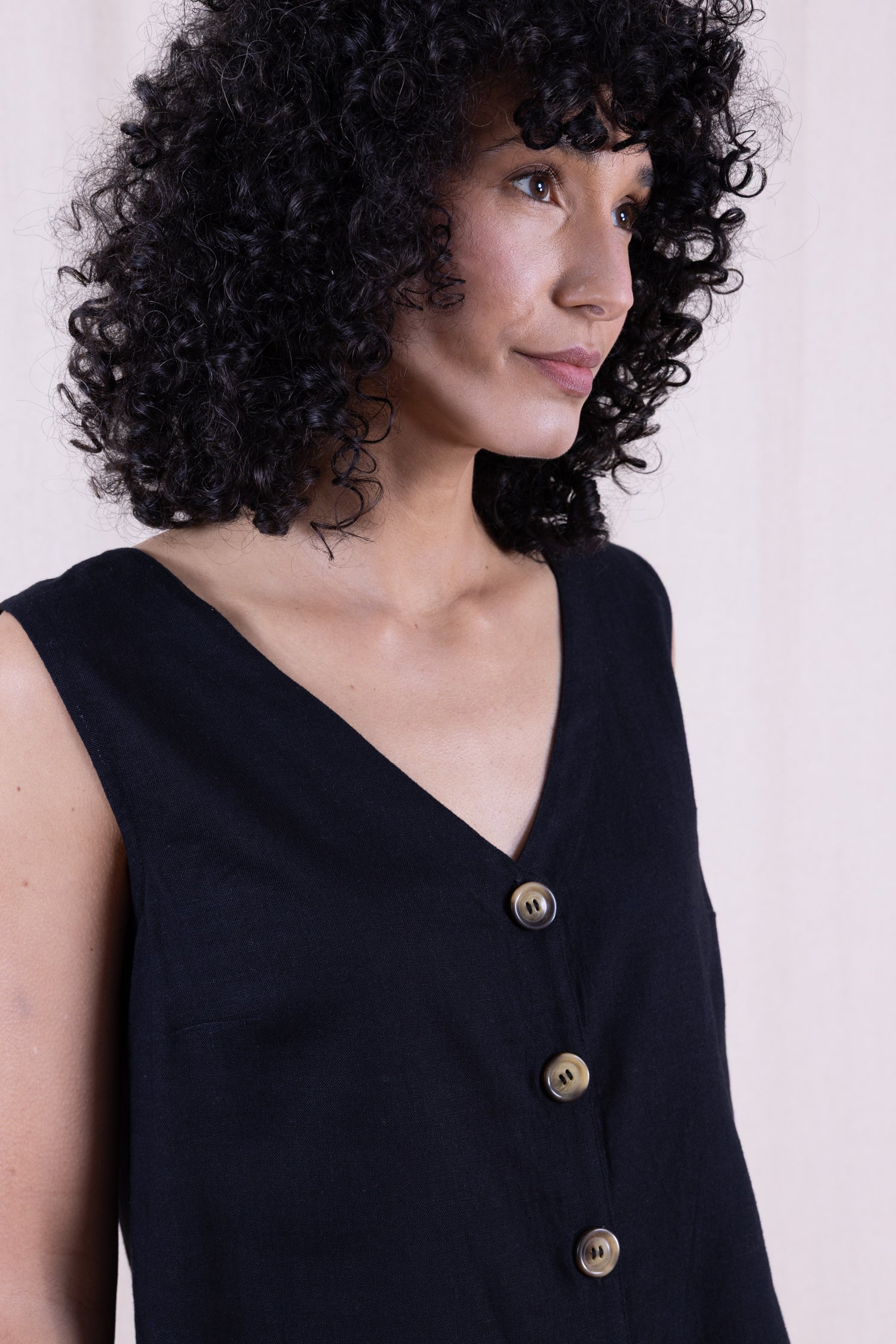 SS26 Linen Blend Button Through Vest - Black