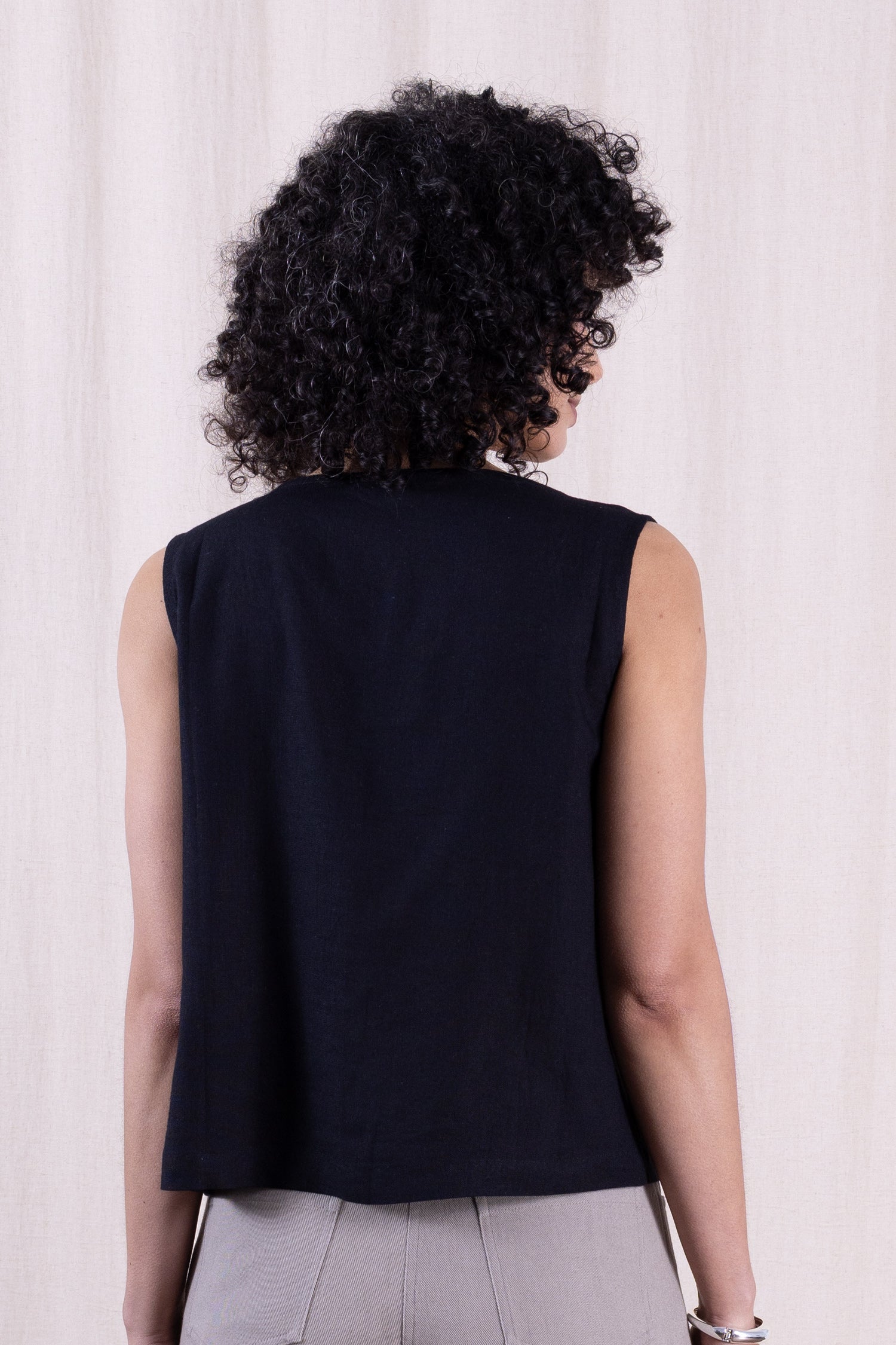 SS26 Linen Blend Button Through Vest - Black