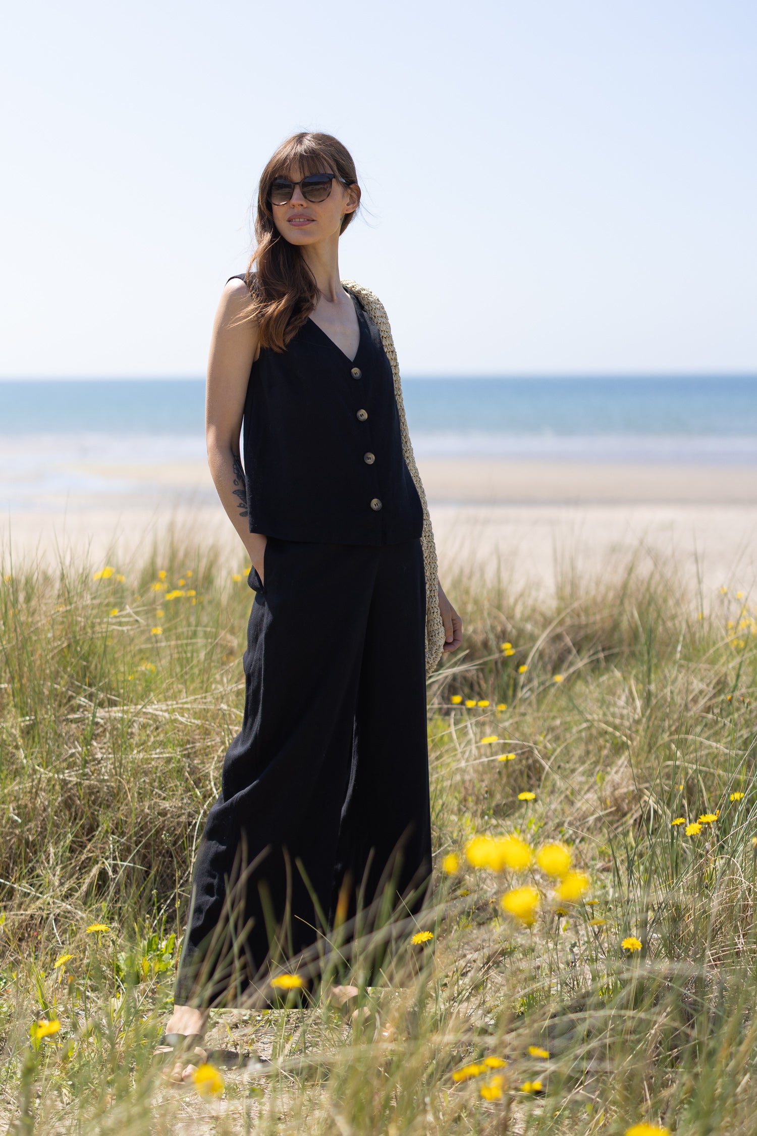 SS26 Linen Blend Button Through Vest - Black