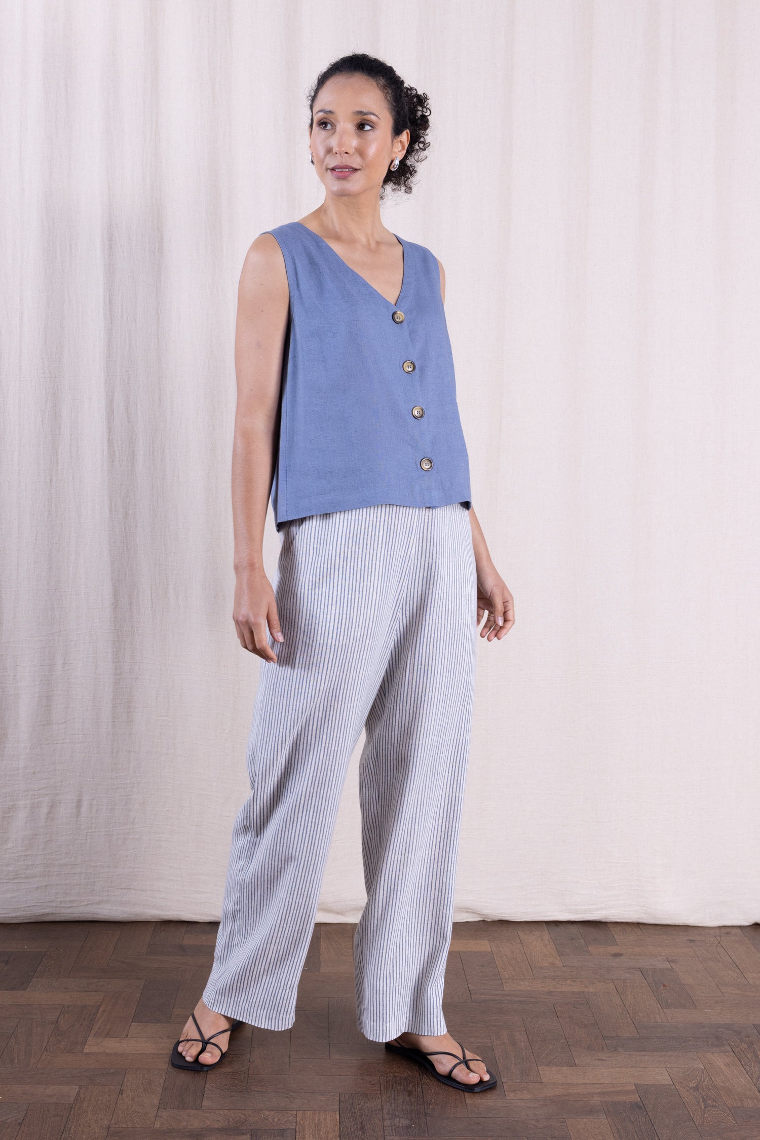 SS26 Linen Blend Button Through Vest - Cornflower