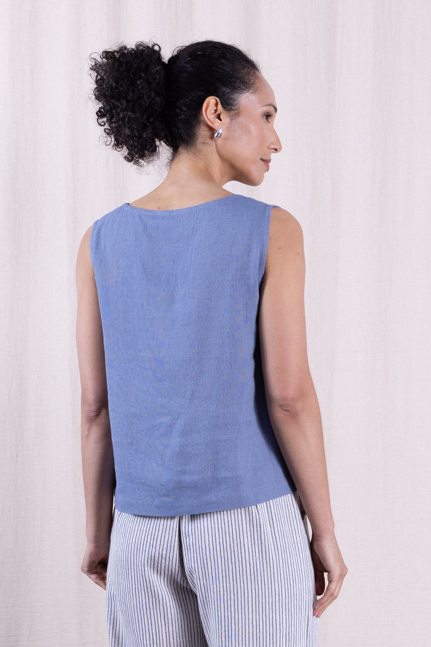 SS26 Linen Blend Button Through Vest - Cornflower