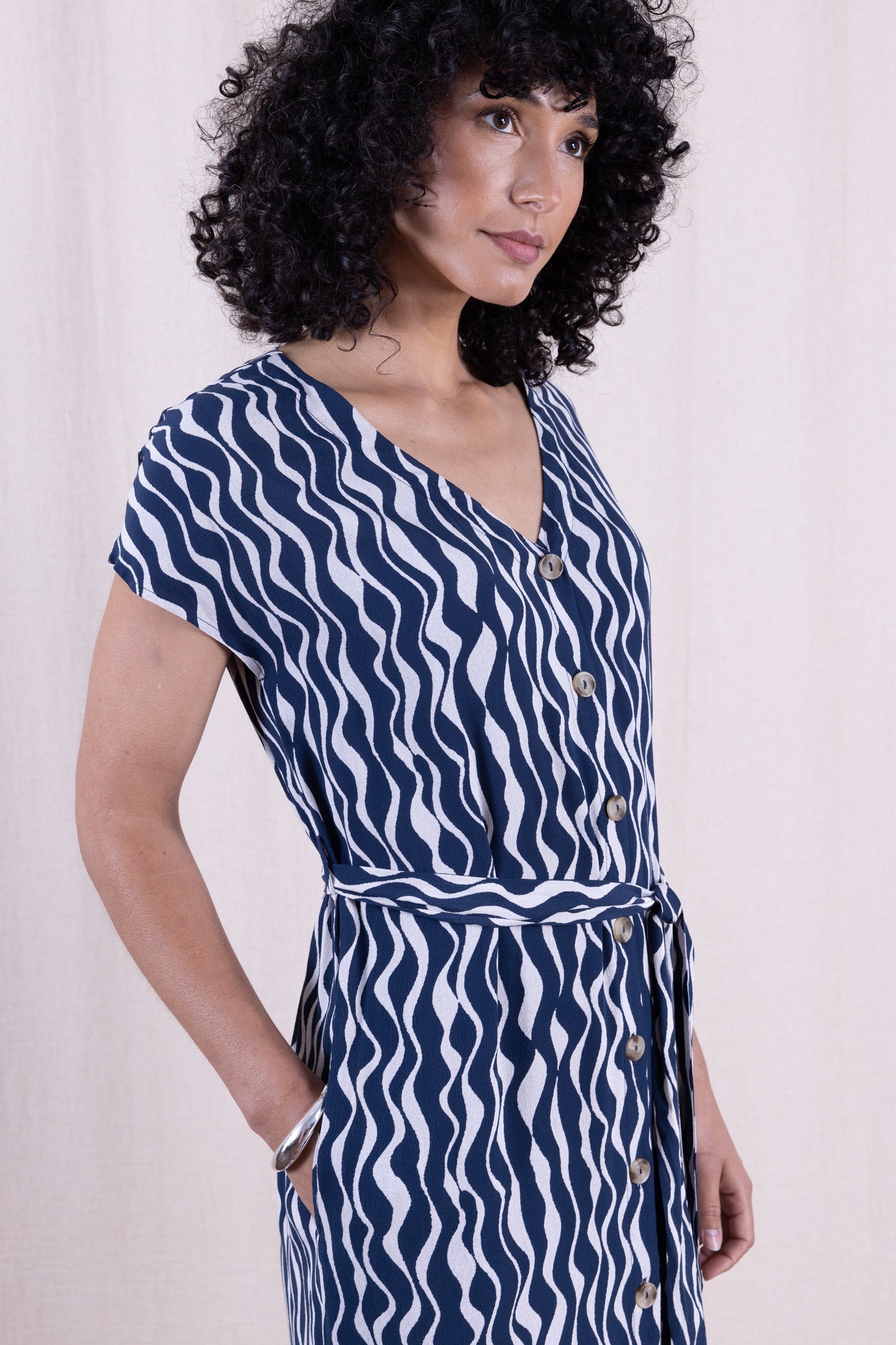 SS26 V Neck Shirtdress - Navy