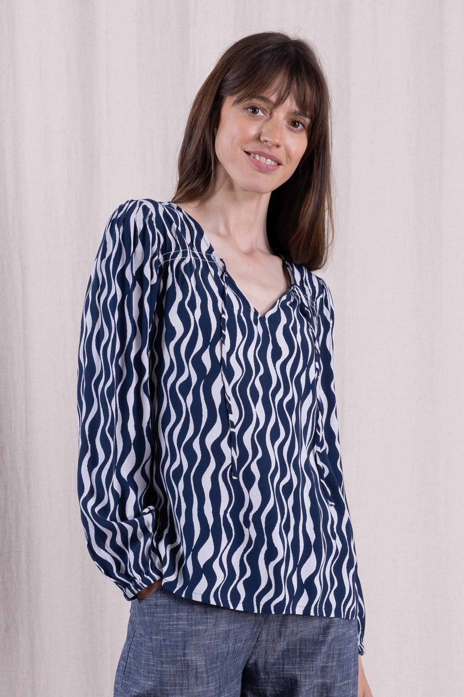 SS26 Smock Tie Front Blouse - Navy