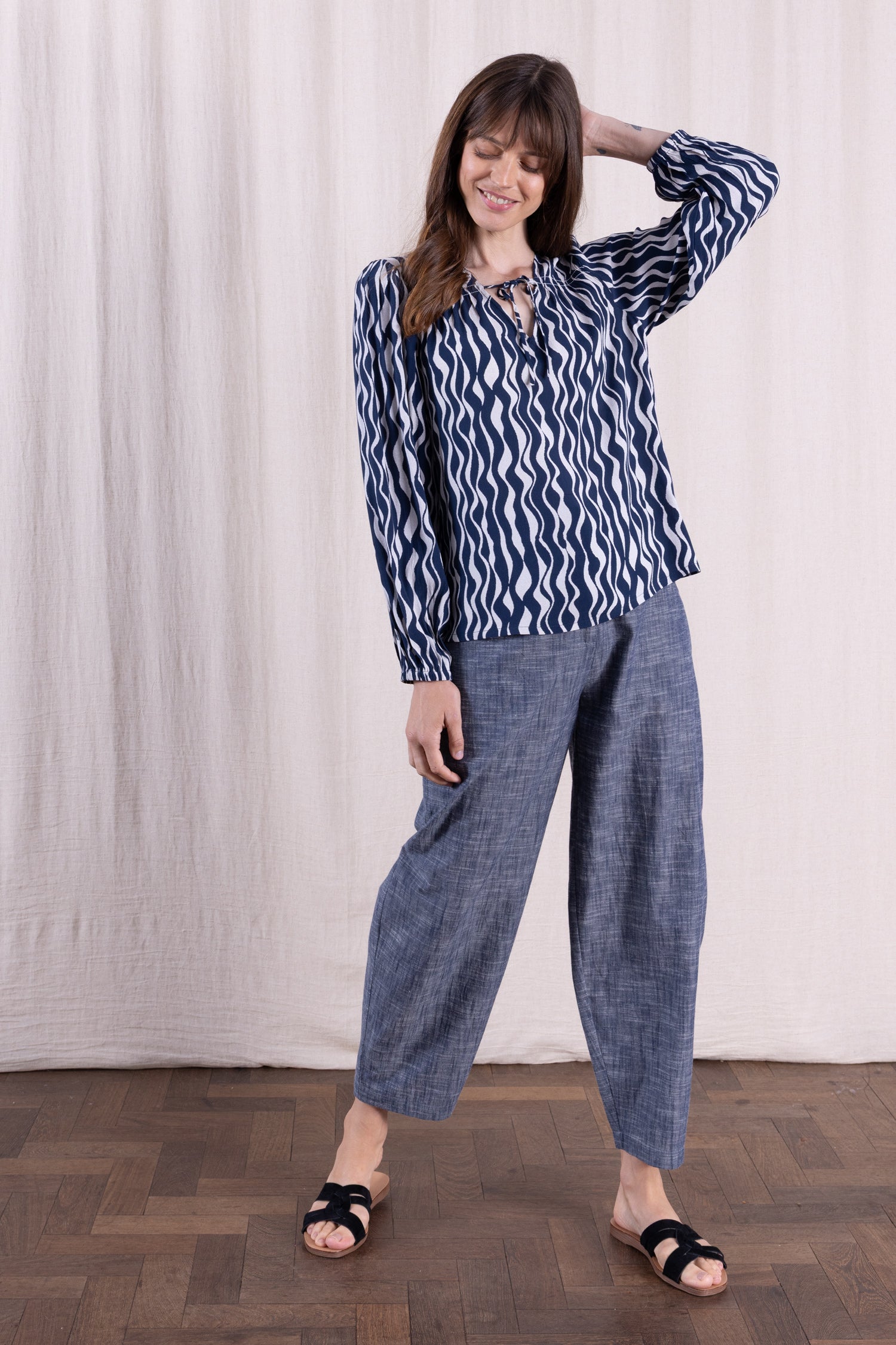 SS26 Smock Tie Front Blouse - Navy