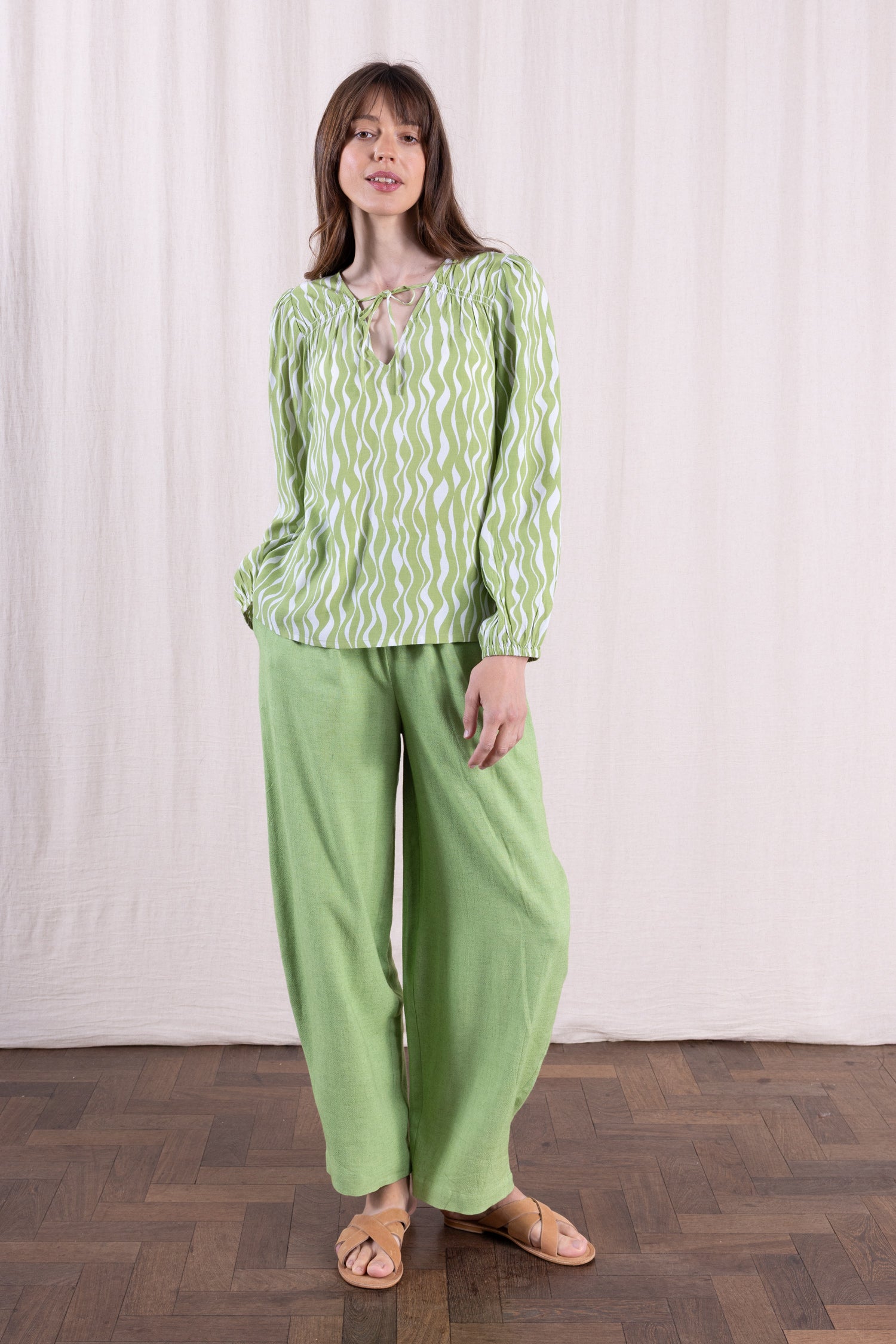 SS26 Smock Tie Front Blouse - Pistachio