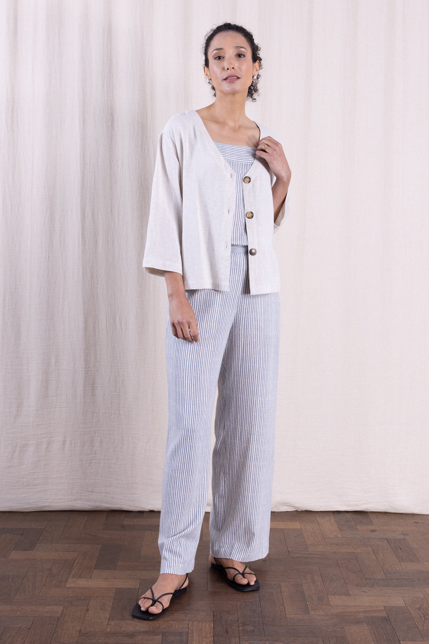 SS26 Linen Blend Button Wide Leg Trouser - Cornflower