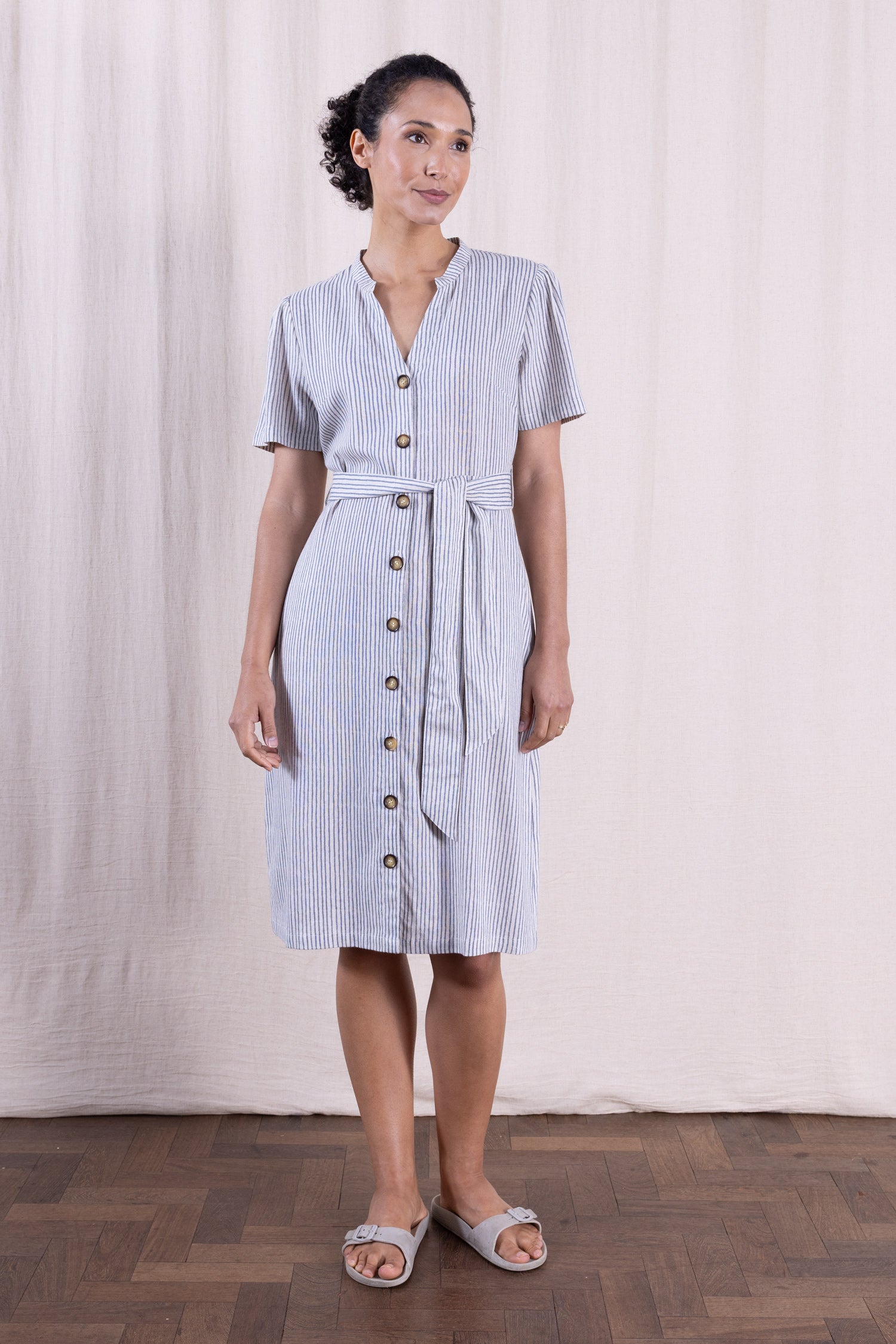 SS26 Linen Blend Button Through Dress - Cornflower