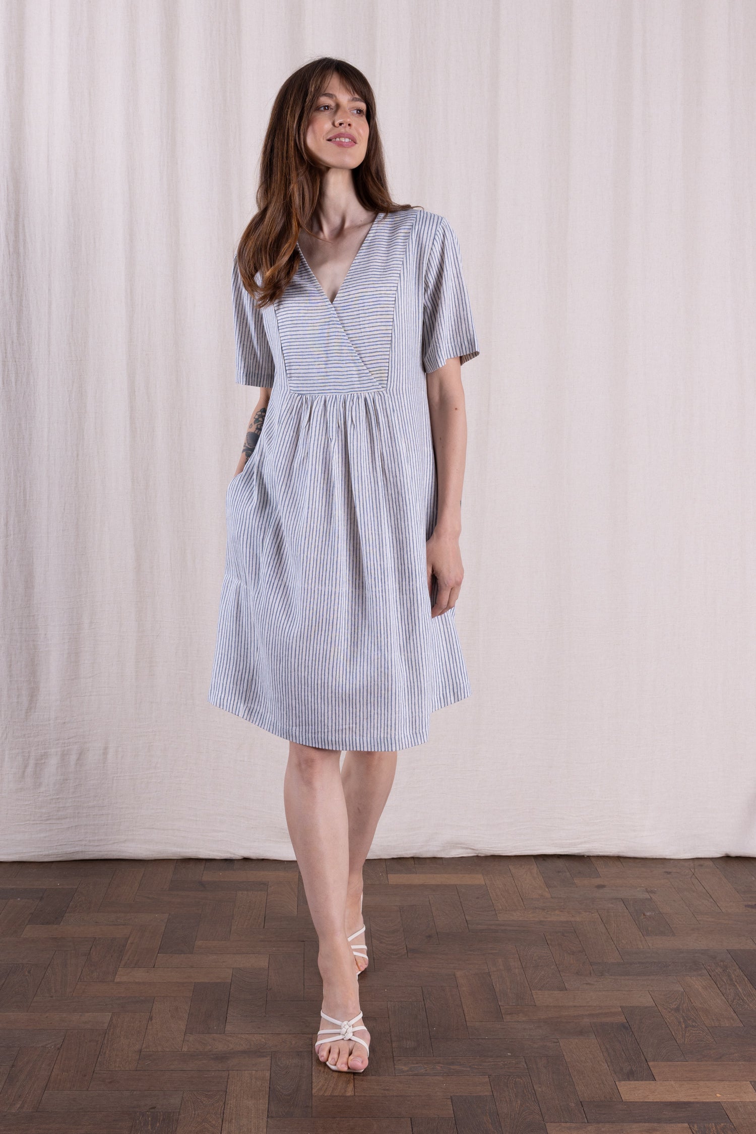 SS26 Linen Blend Smock Tunic Dress - Cornflower