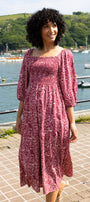 SS26 Ecovero Square Neck Shirred Dress - Rosewood