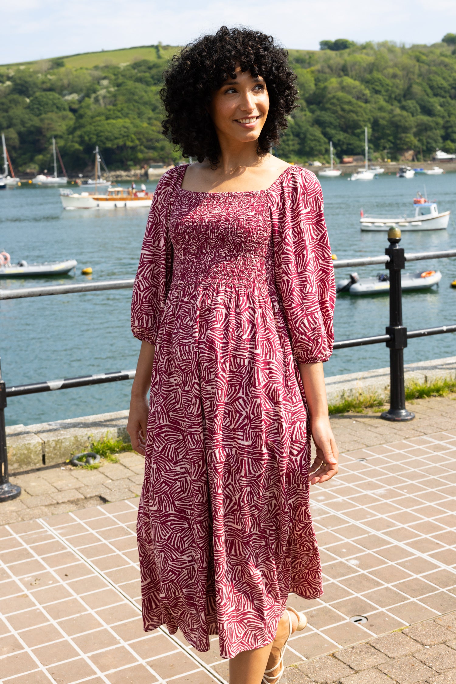 SS26 Ecovero Square Neck Shirred Dress - Rosewood