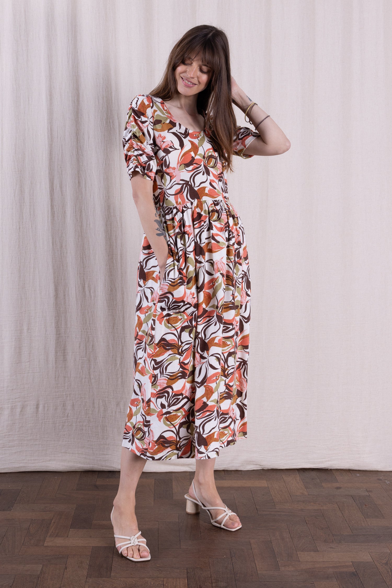 SS26 Organic Cotton Gathered Sleeve Midi Dress - Multi