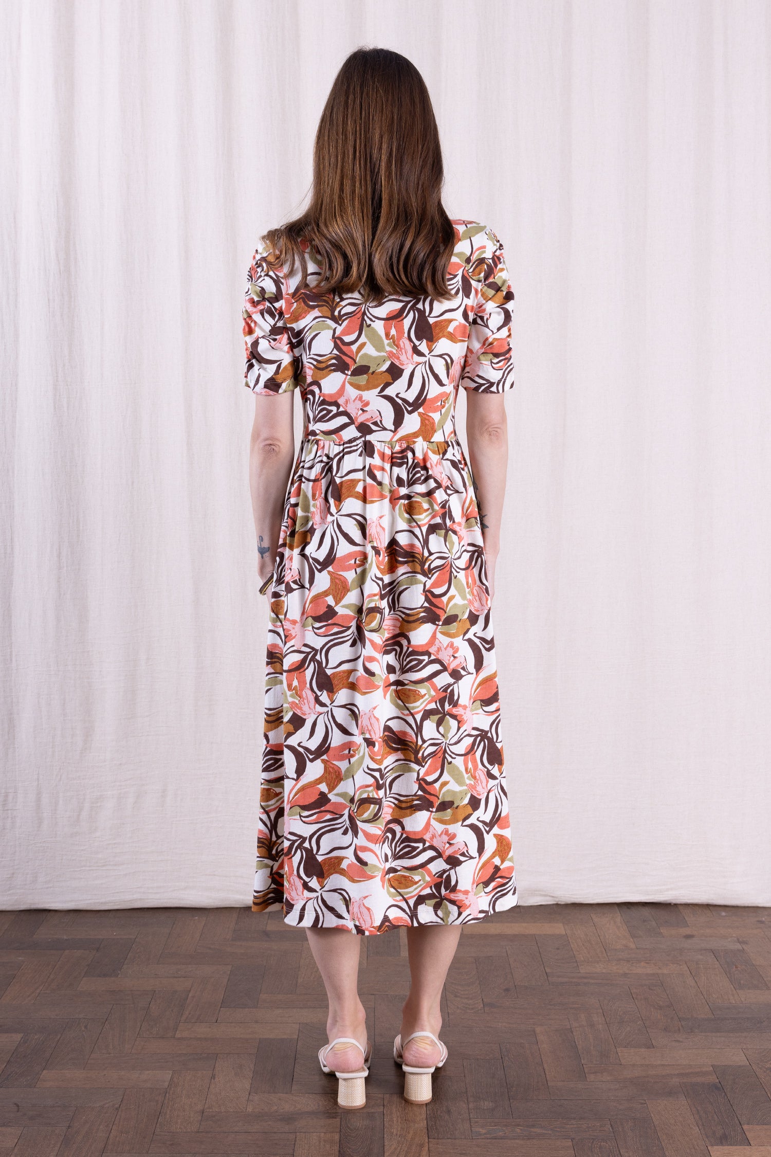 SS26 Organic Cotton Gathered Sleeve Midi Dress - Multi