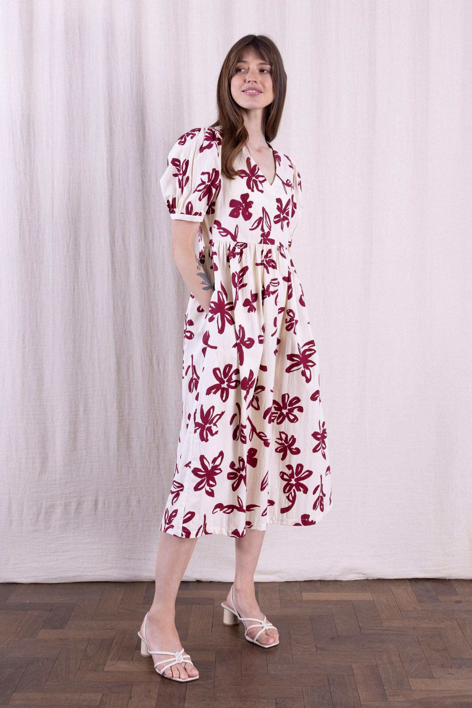 SS26 Cotton Poplin Angled Puff Sleeve Dress - Rosewood