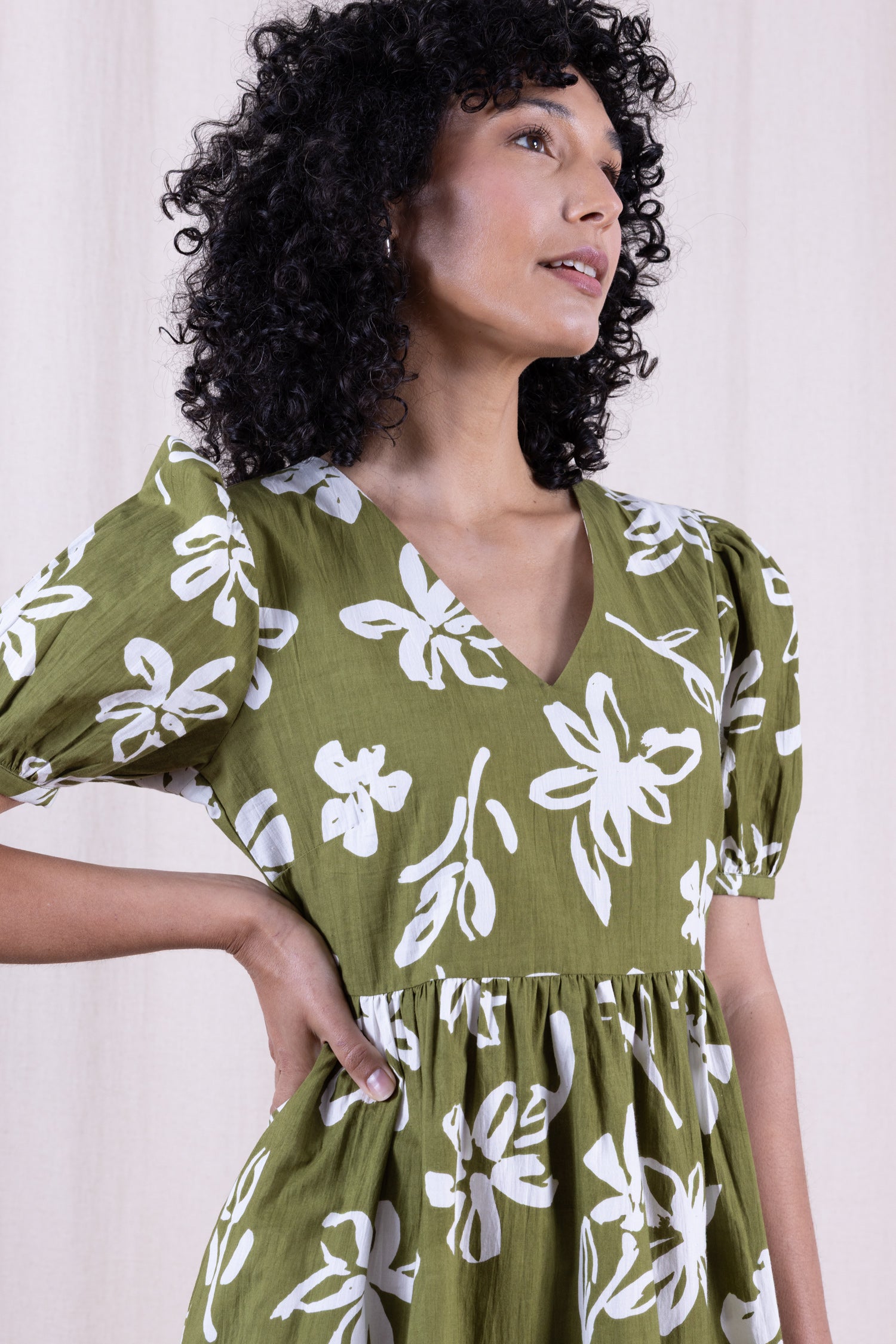 SS26 Cotton Poplin Angled Puff Sleeve Dress - Verdant