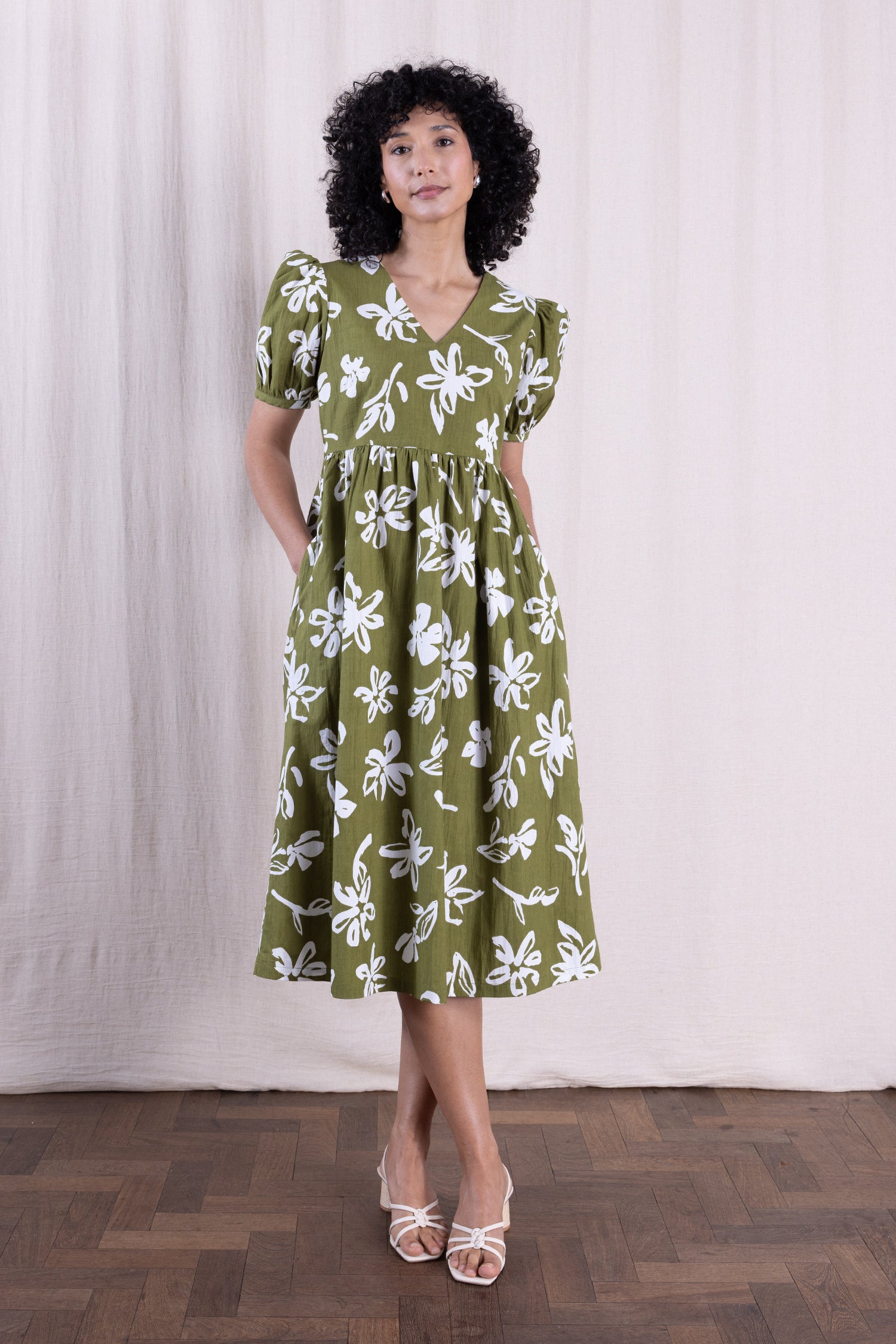 SS26 Cotton Poplin Angled Puff Sleeve Dress - Verdant