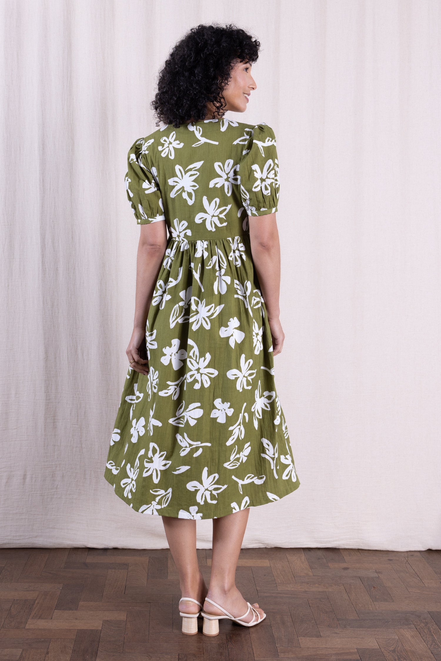 SS26 Cotton Poplin Angled Puff Sleeve Dress - Verdant