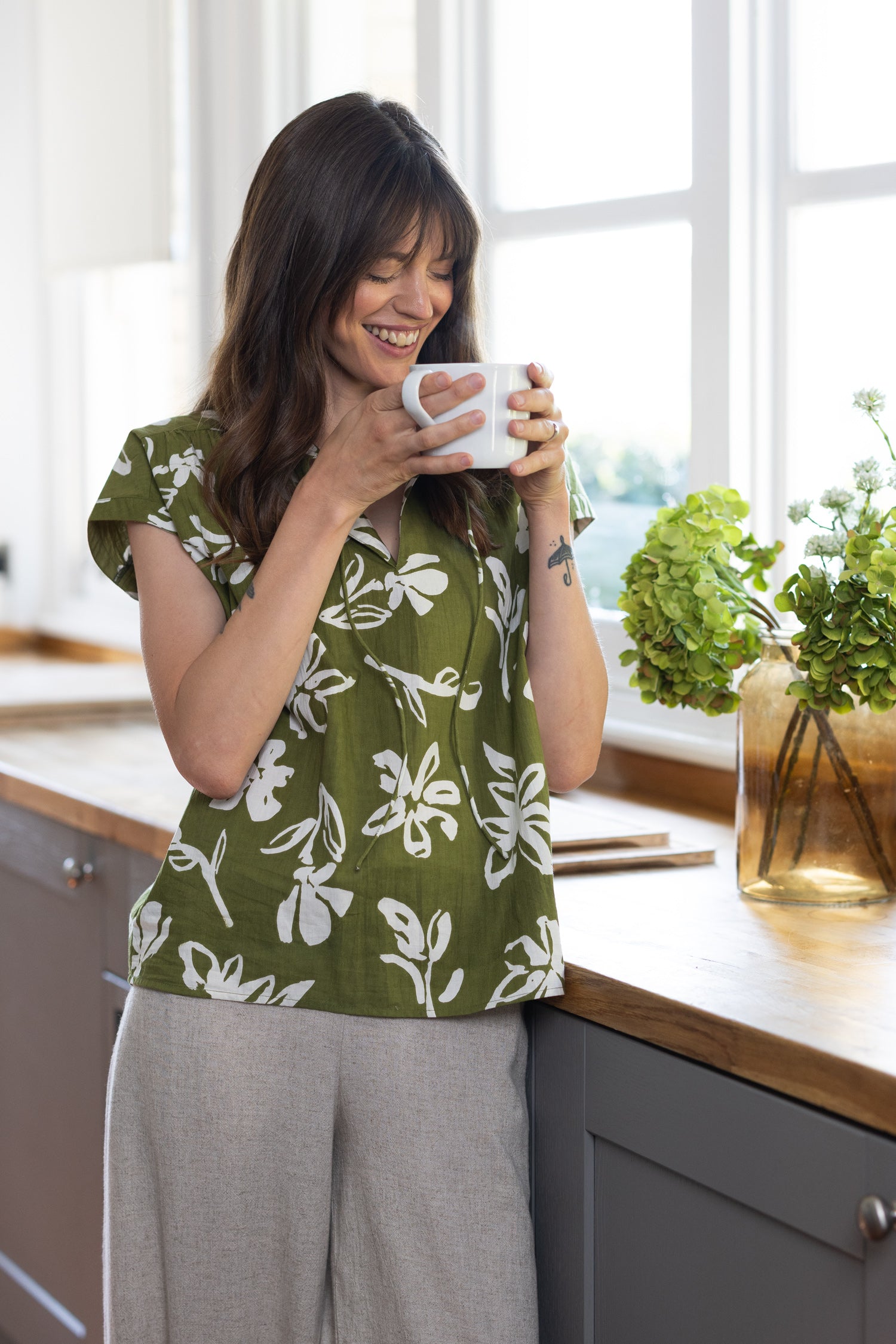 SS26 Cotton Poplin Tie Neck Top - Verdant