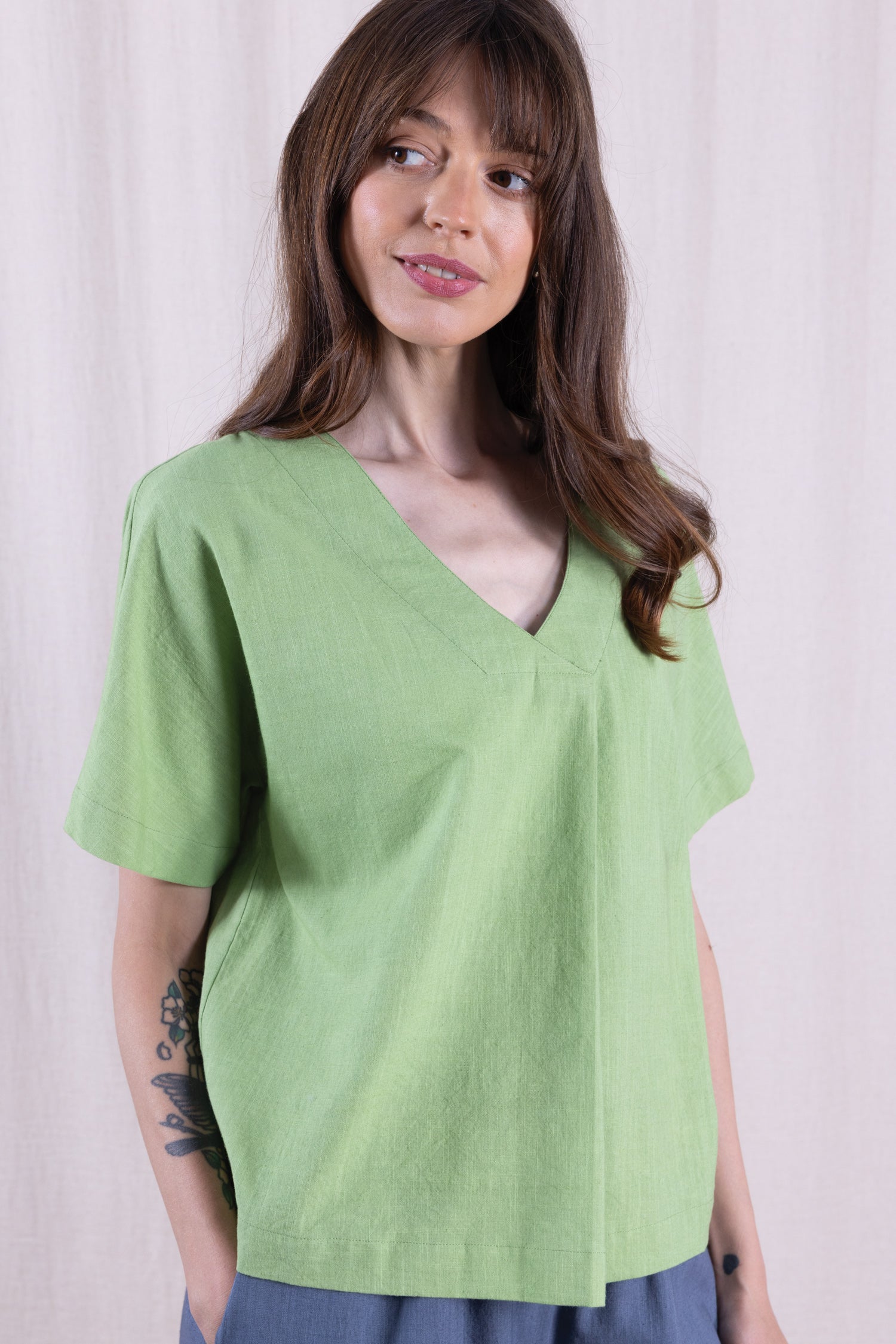 SS26 Cotton Pleat Front Top - Pistachio