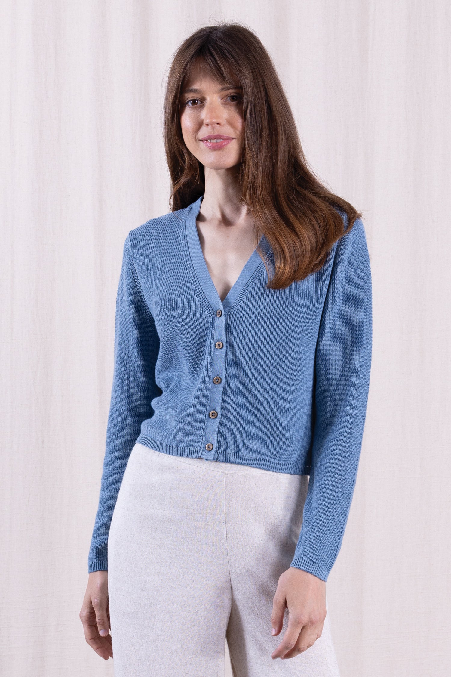 SS26 Organic Cotton Cropped Cardi - Cornflower