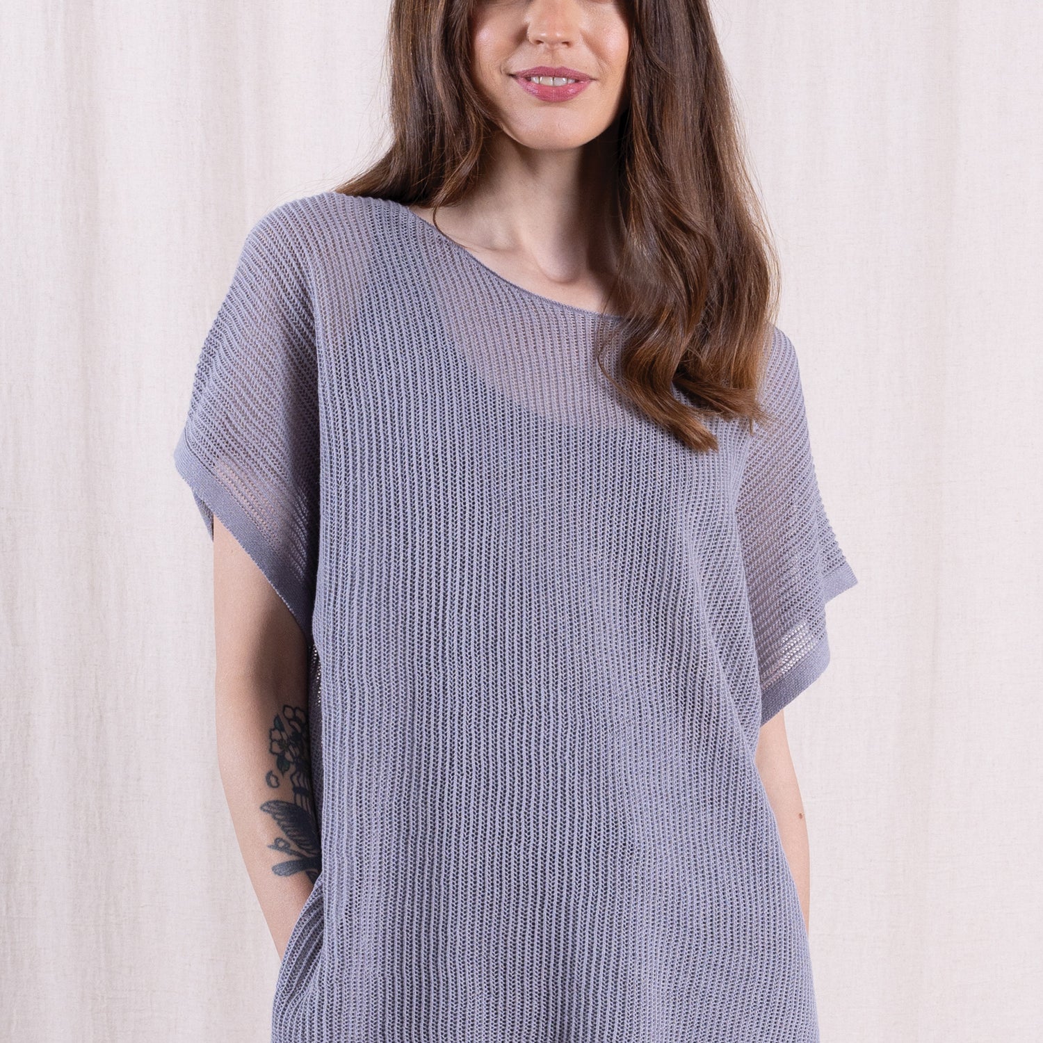 SS26 Linen/Cotton Open Knit Top - Grey