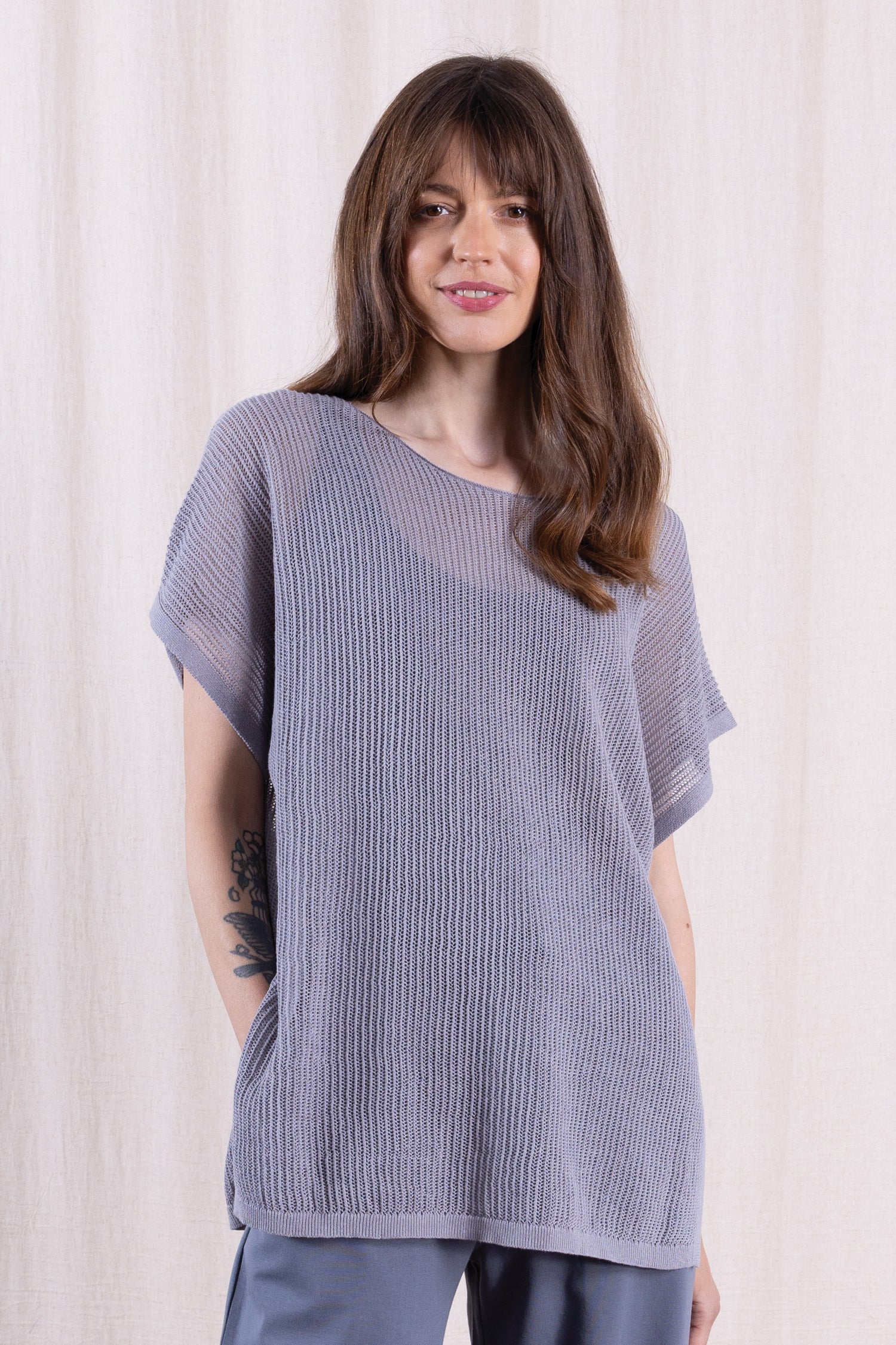 SS26 Linen/Cotton Open Knit Top - Grey
