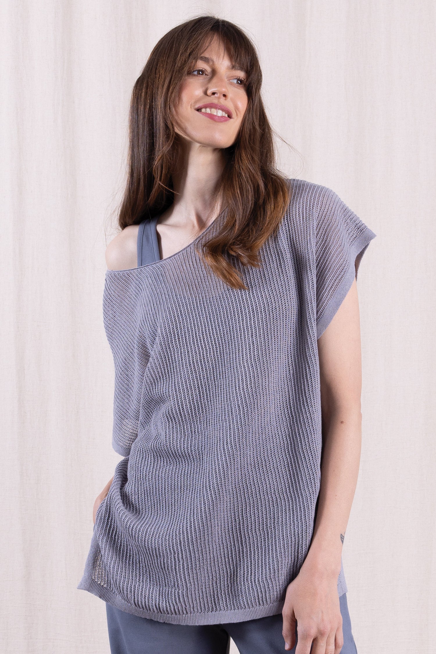 SS26 Linen/Cotton Open Knit Top - Grey