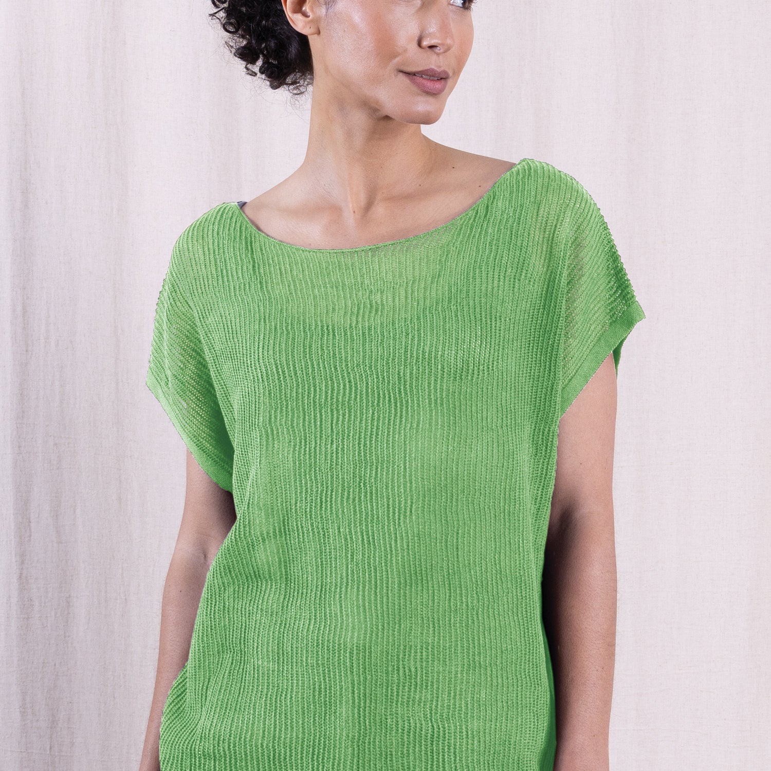 SS26 Linen/Cotton Open Knit Top - Lime