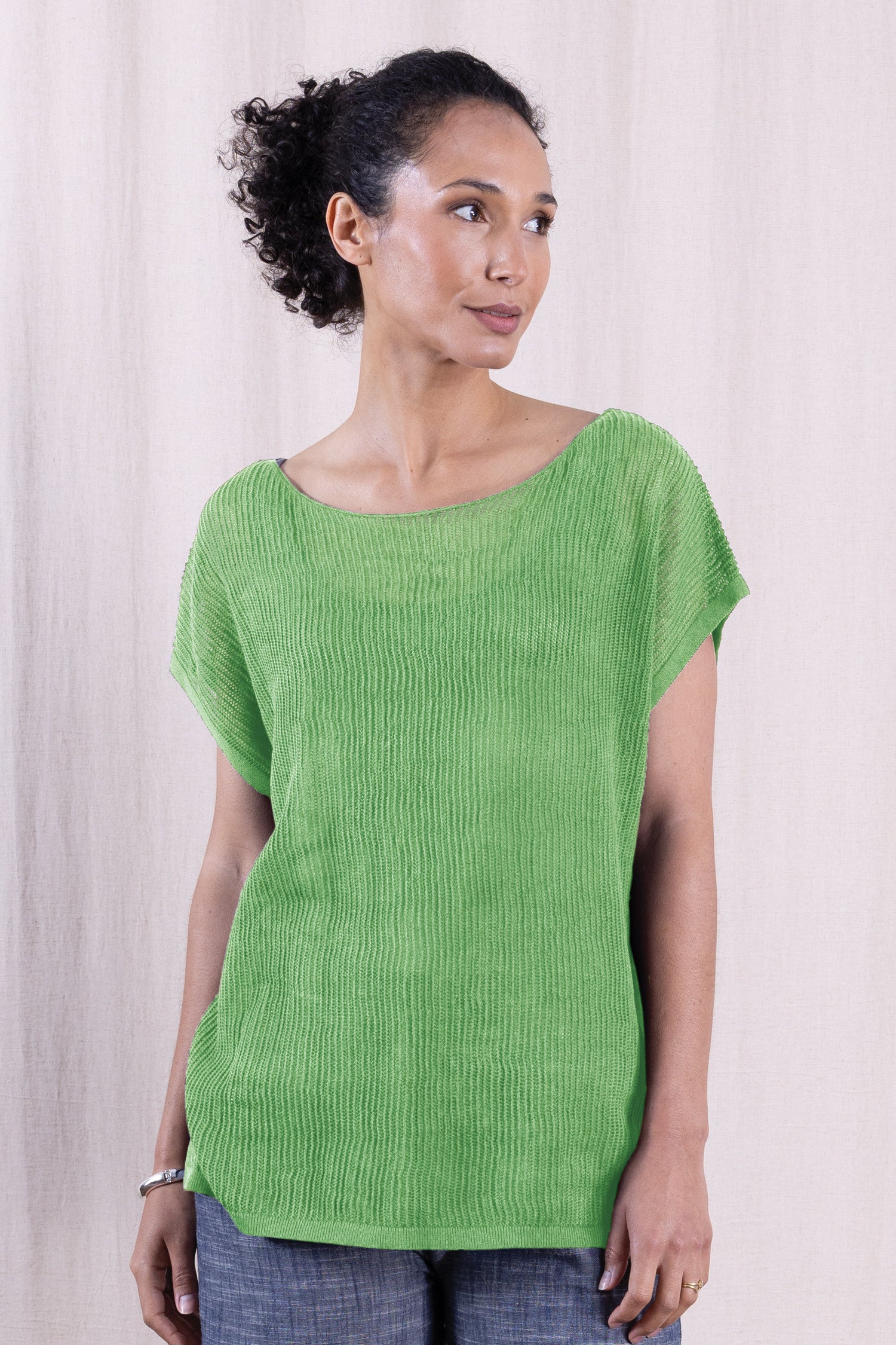 SS26 Linen/Cotton Open Knit Top - Lime
