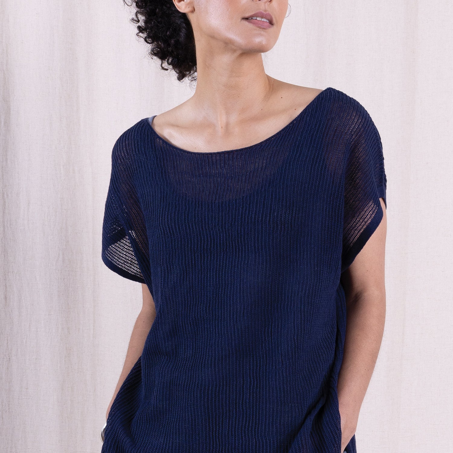 SS26 Linen/Cotton Open Knit Top - Navy