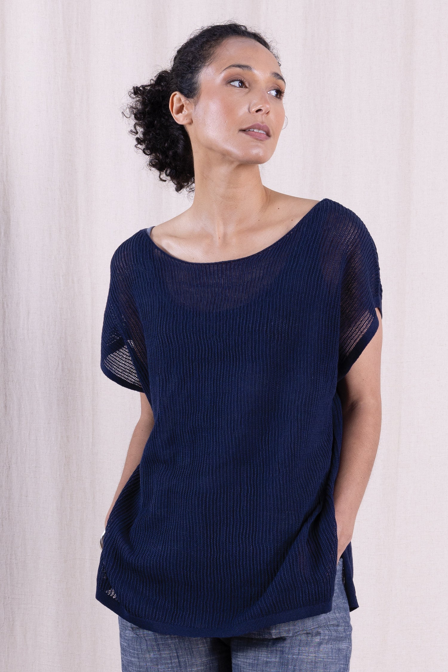 SS26 Linen/Cotton Open Knit Top - Navy