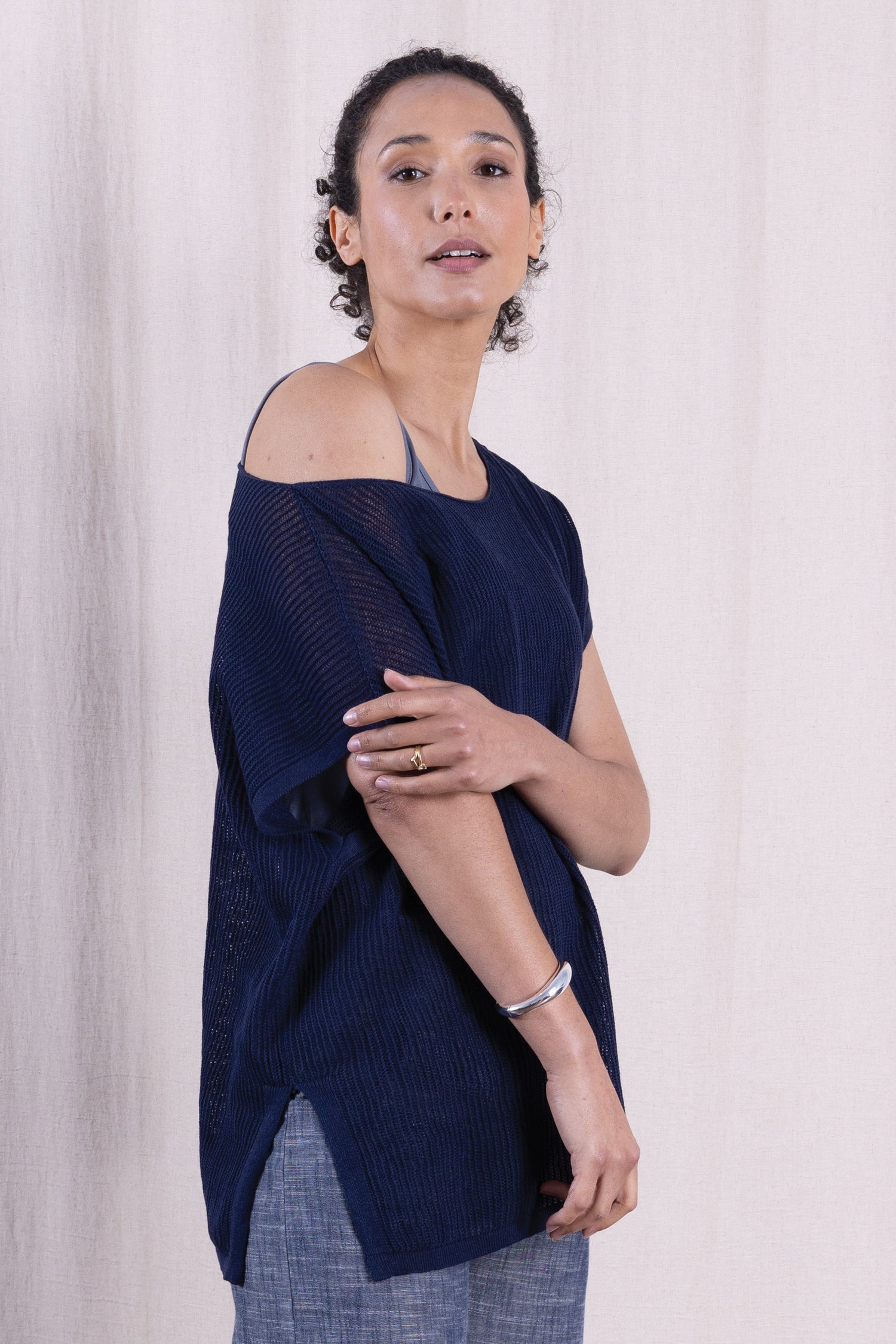 SS26 Linen/Cotton Open Knit Top - Navy