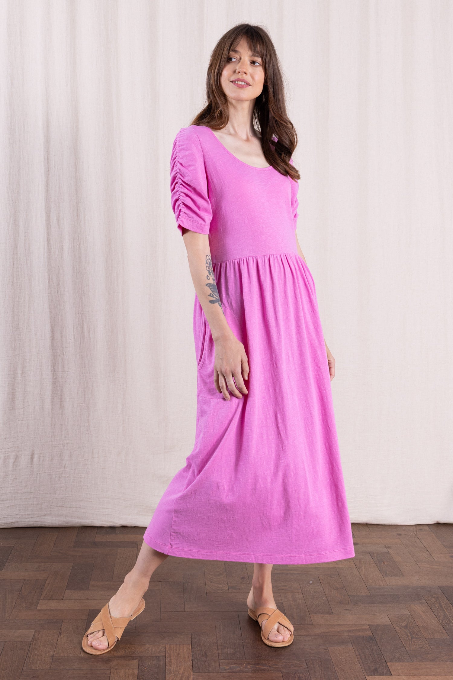 SS26 GOTS Organic Cotton Gathered Sleeve Dress - Orchid