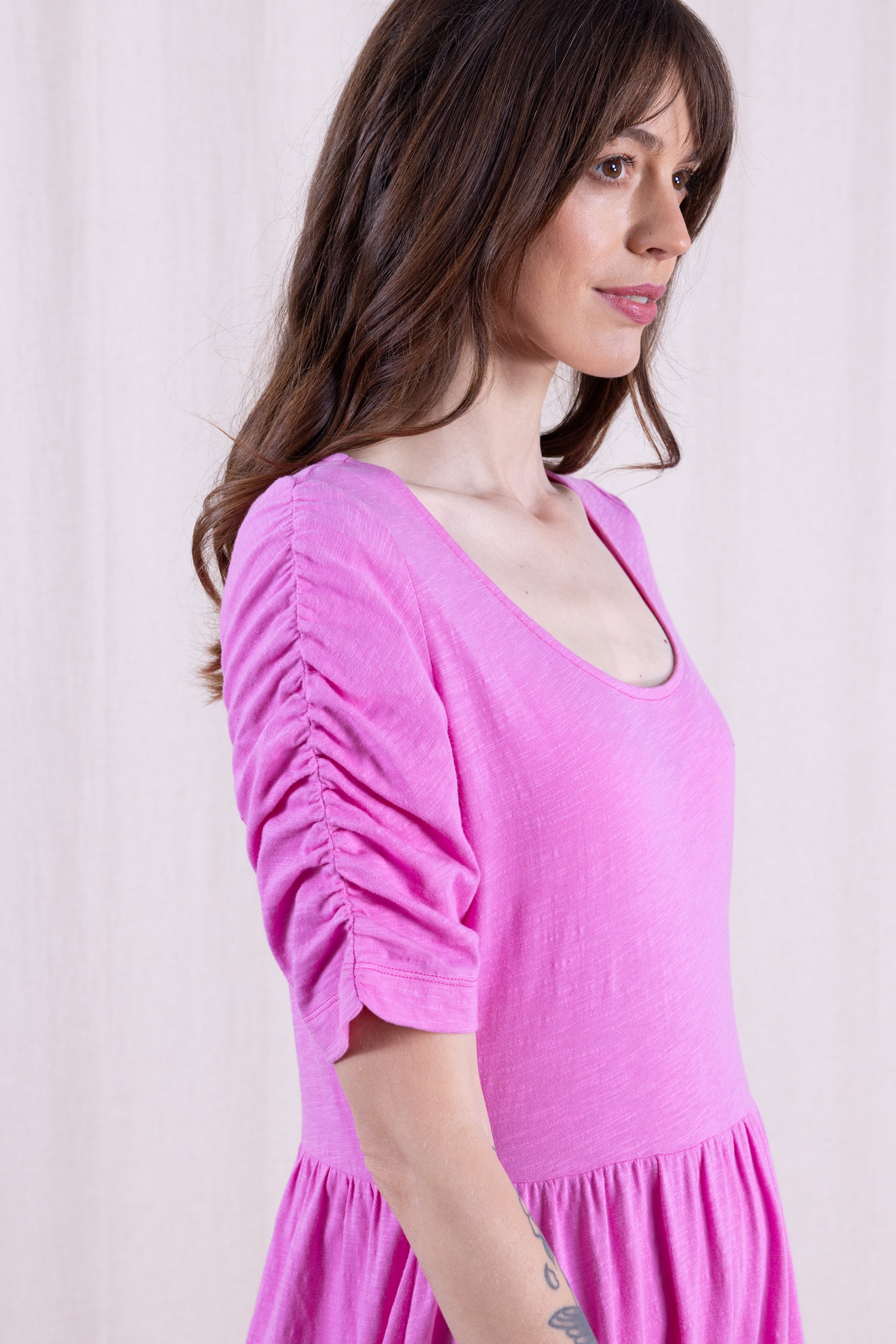 SS26 GOTS Organic Cotton Gathered Sleeve Dress - Orchid