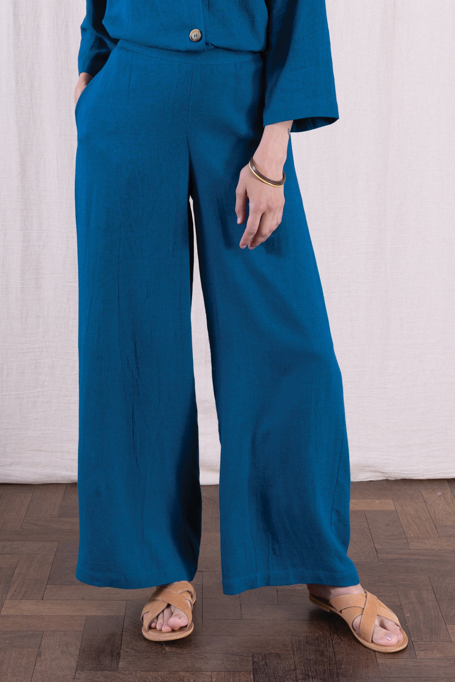 SS26 Linen Blend  Wide Leg Trouser - Neptune