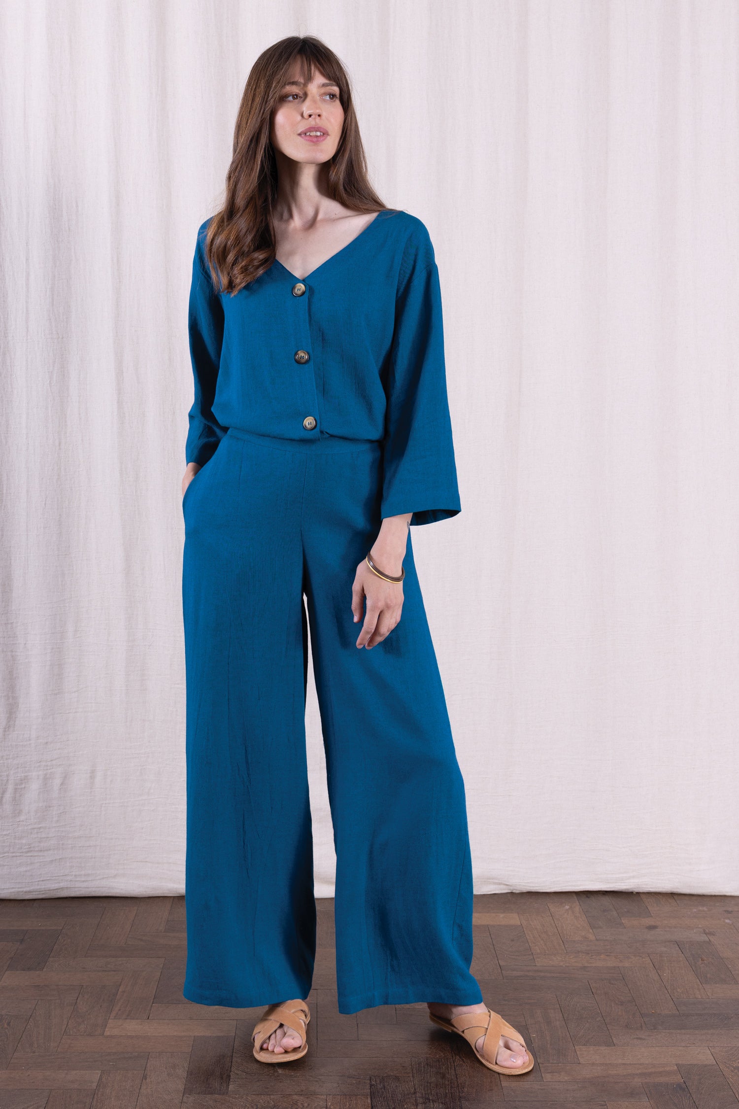 SS26 Linen Blend  Wide Leg Trouser - Neptune