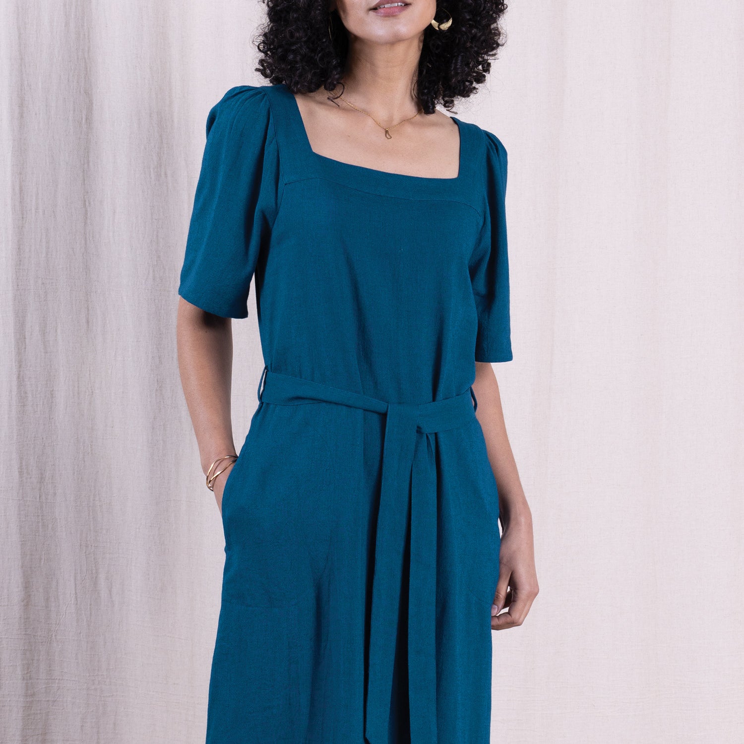 SS26 Linen Blend Square Neck Dress - Neptune
