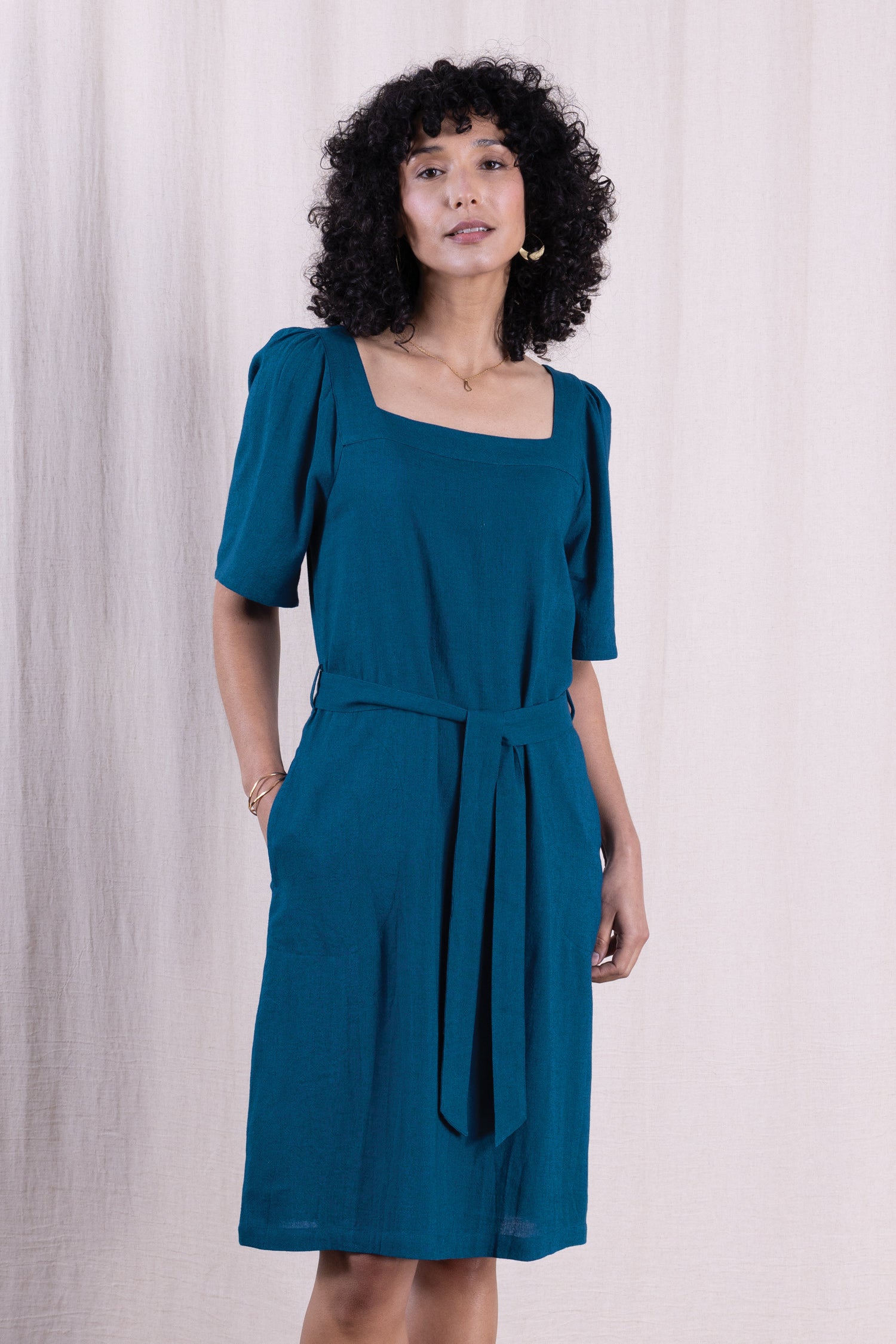 SS26 Linen Blend Square Neck Dress - Neptune