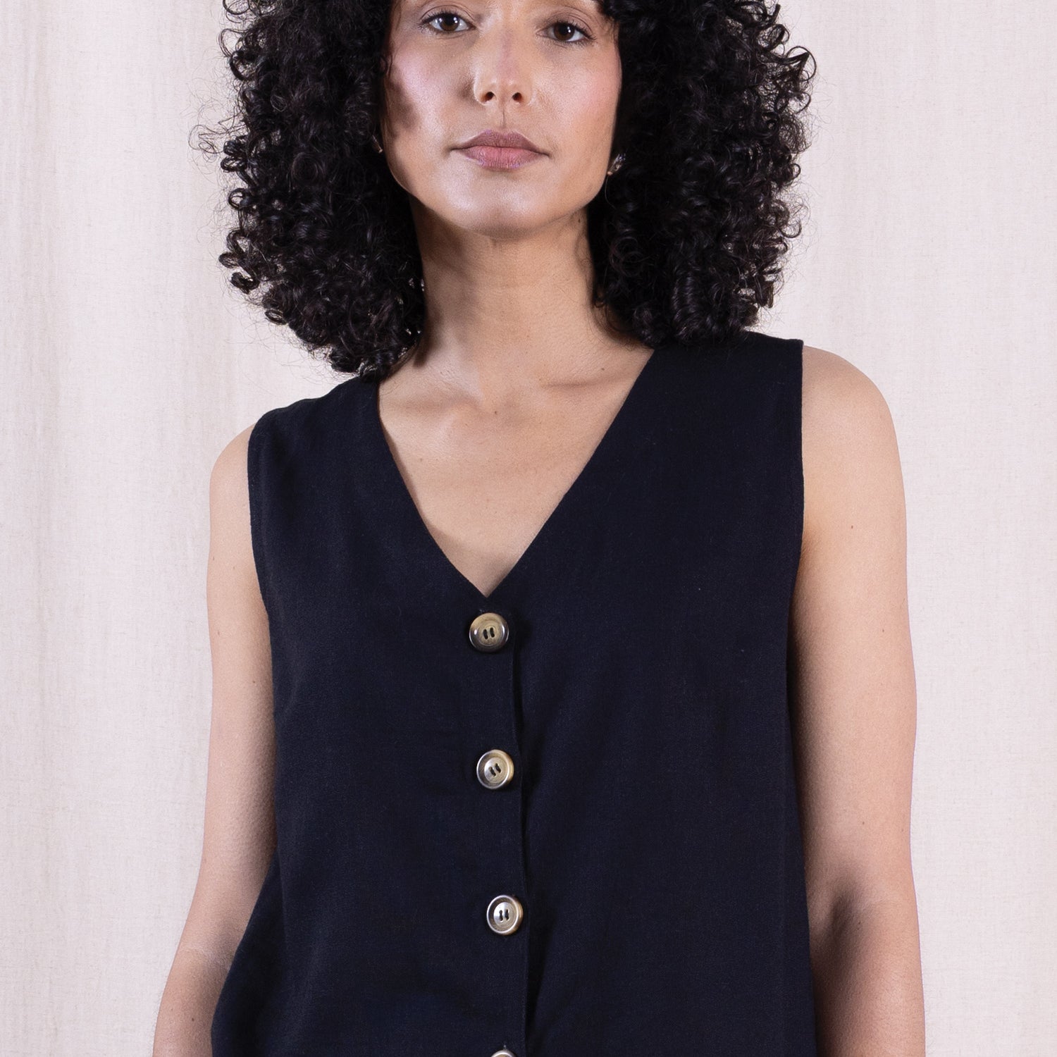 SS26 Linen Blend Button Through Vest - Black