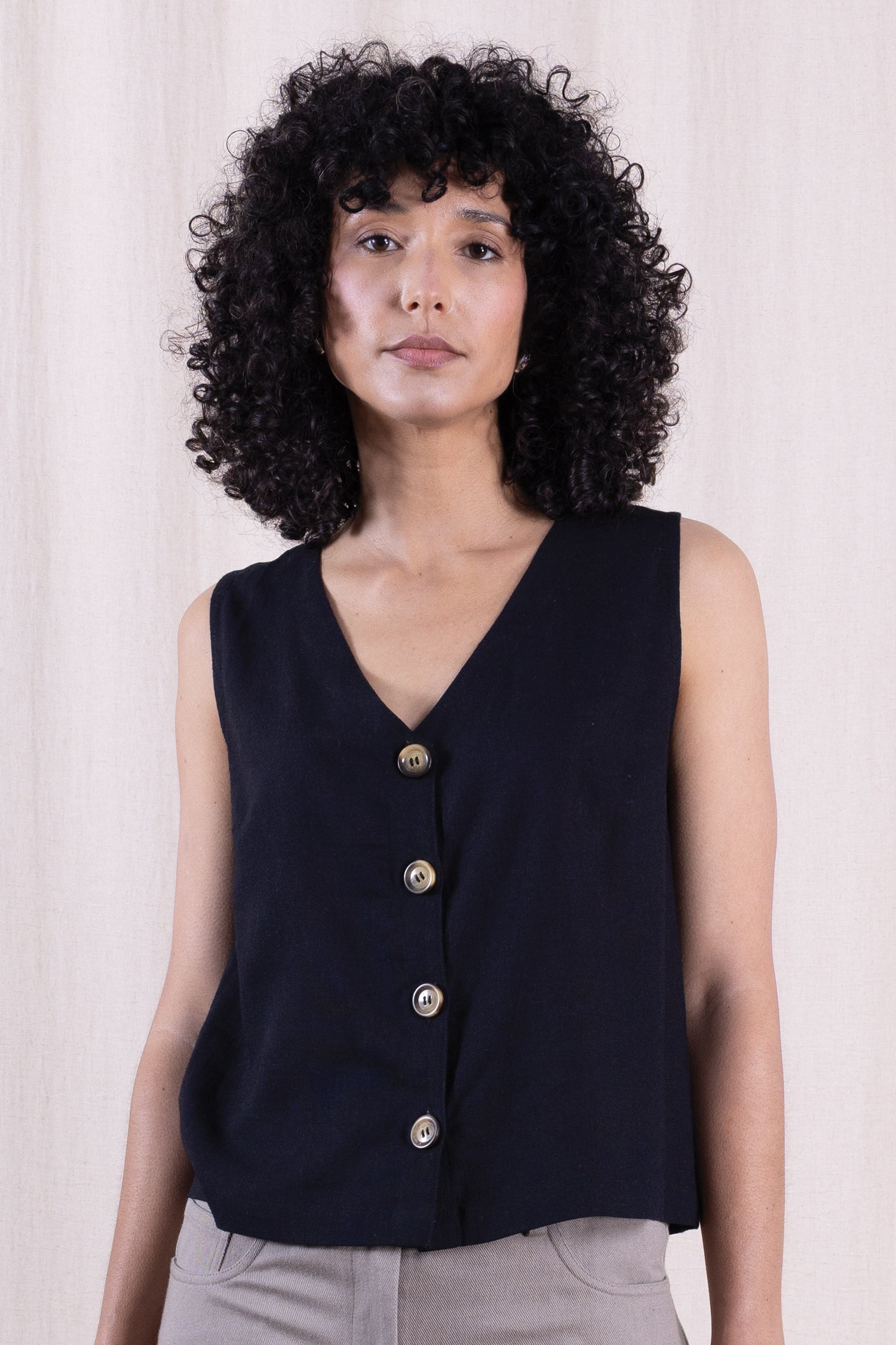 SS26 Linen Blend Button Through Vest - Black