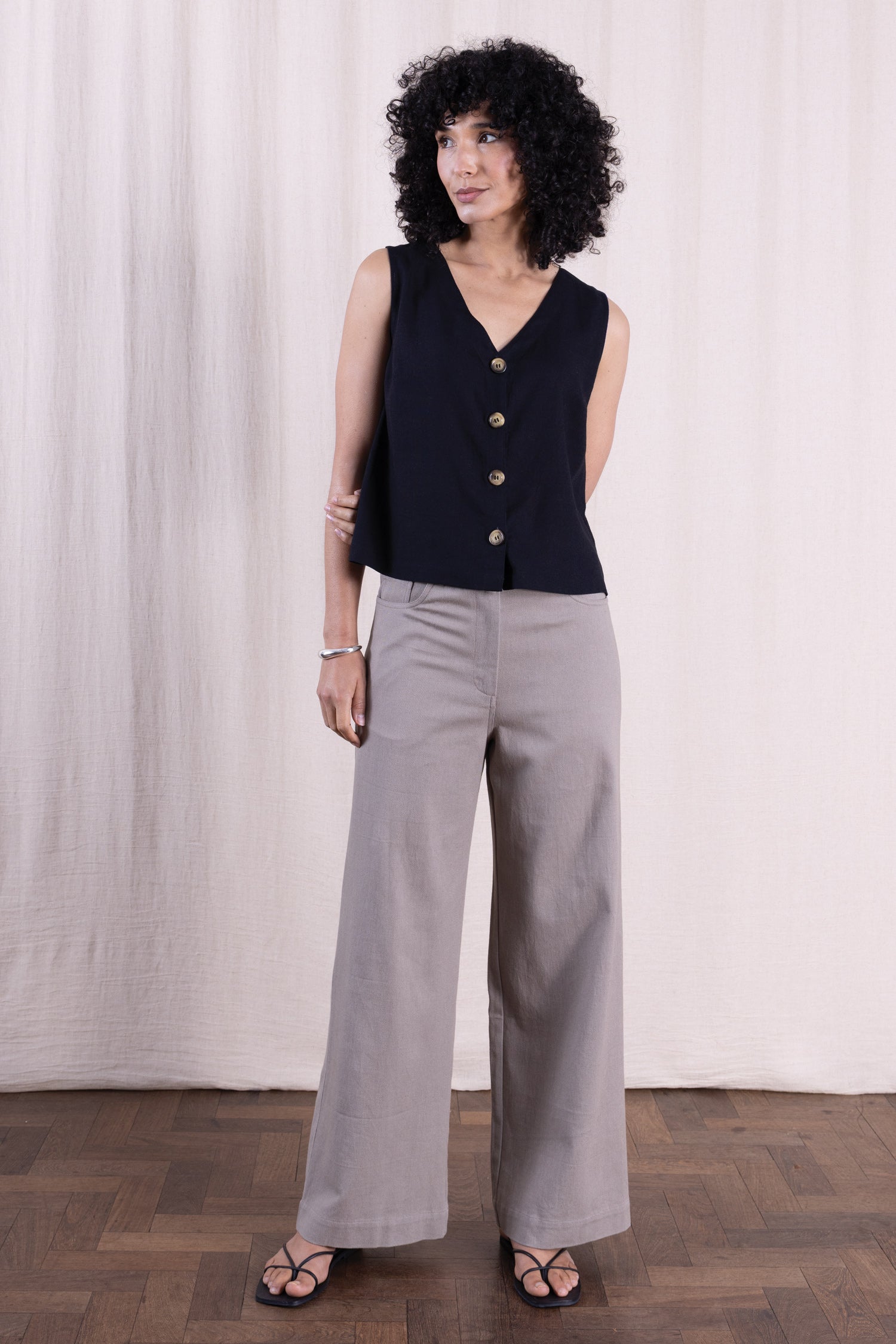 SS26 Linen Blend Button Through Vest - Black