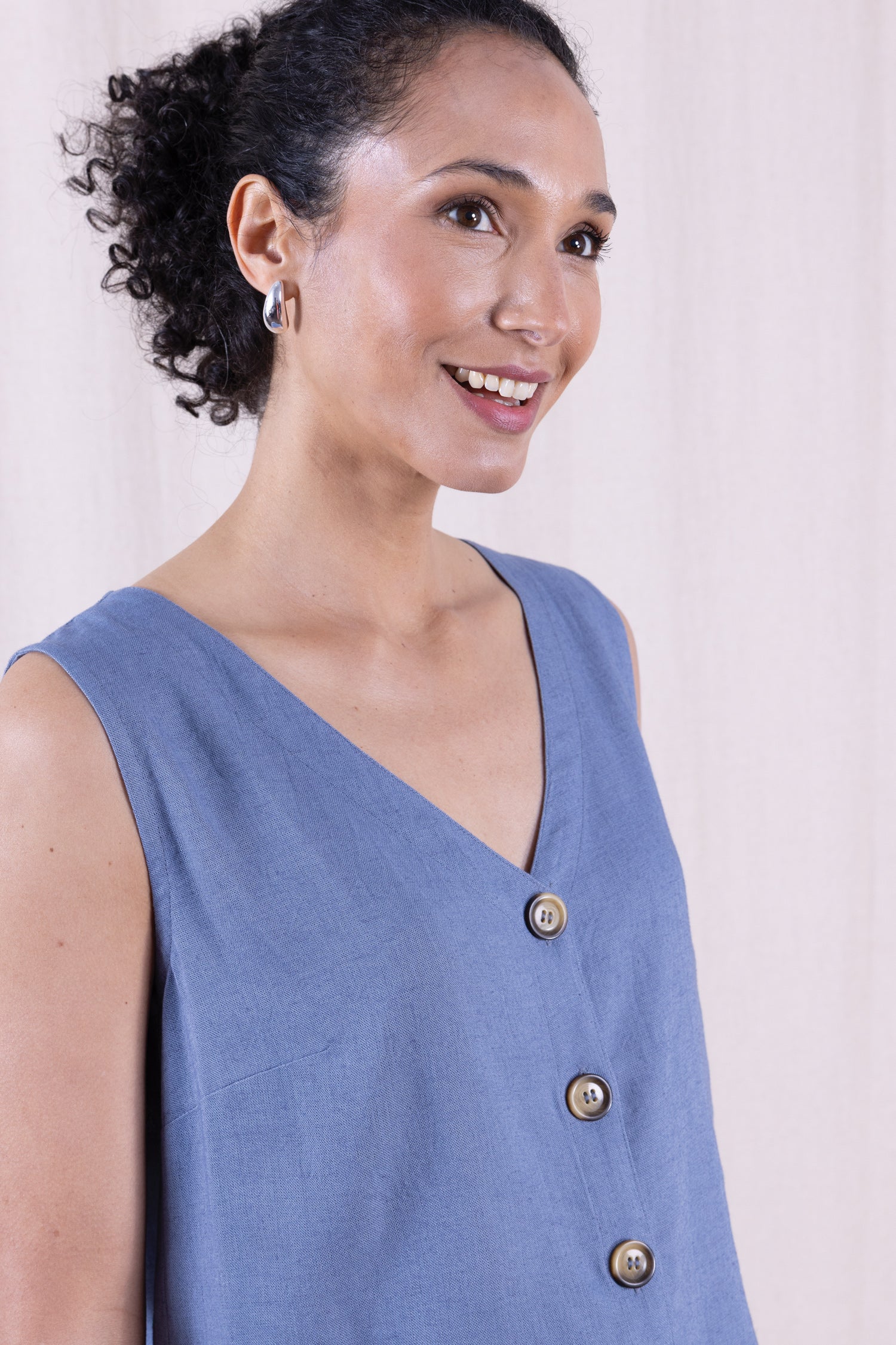 SS26 Linen Blend Button Through Vest - Cornflower