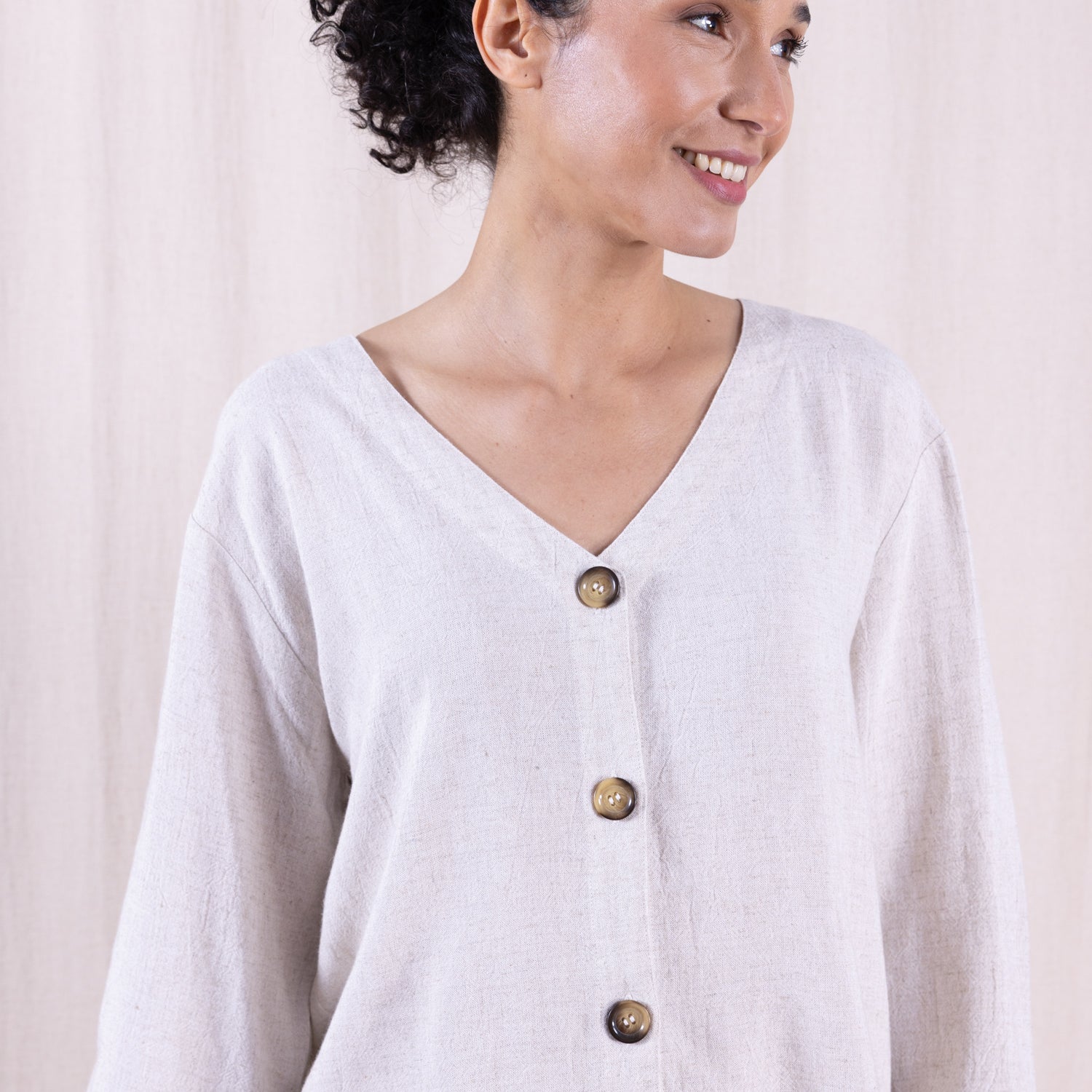 SS26 Linen Blend V Neck Shirt / Jacket - Natural