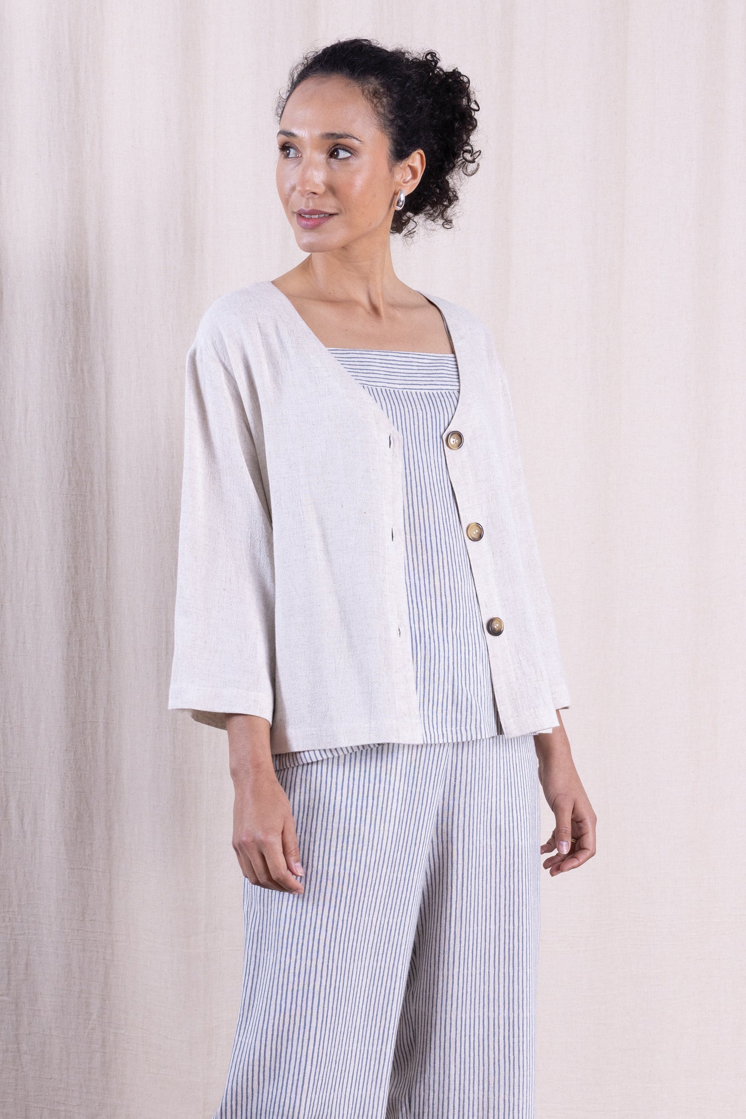 SS26 Linen Blend V Neck Shirt / Jacket - Natural